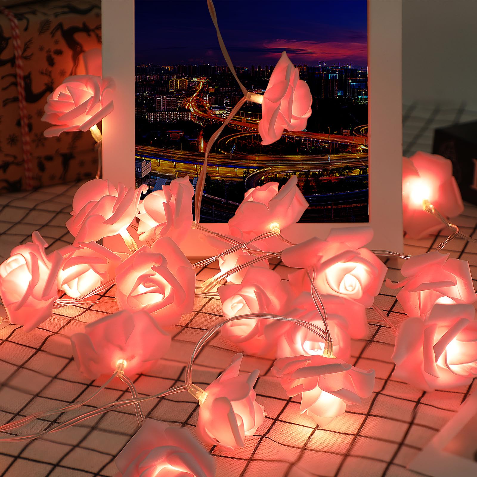 CCINEE 9.8Ft Pink LED Rose Flower String Lights?30 LED Flower Fairy String Lights Battery Operated Artificial Flowers Garland Li