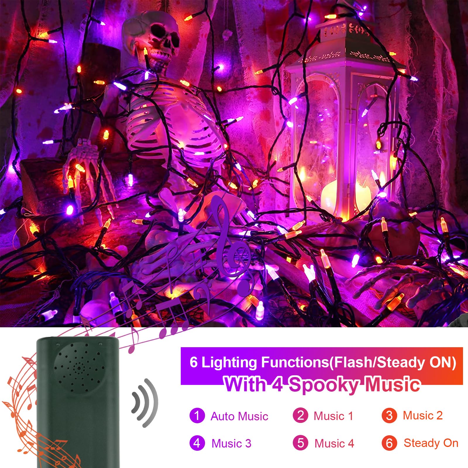 Tcamp Halloween String Lights, 33FT 100 LED, Motion Activated, Orange Purple, Model QL300AE, Music Sync, 6 Lighting Modes