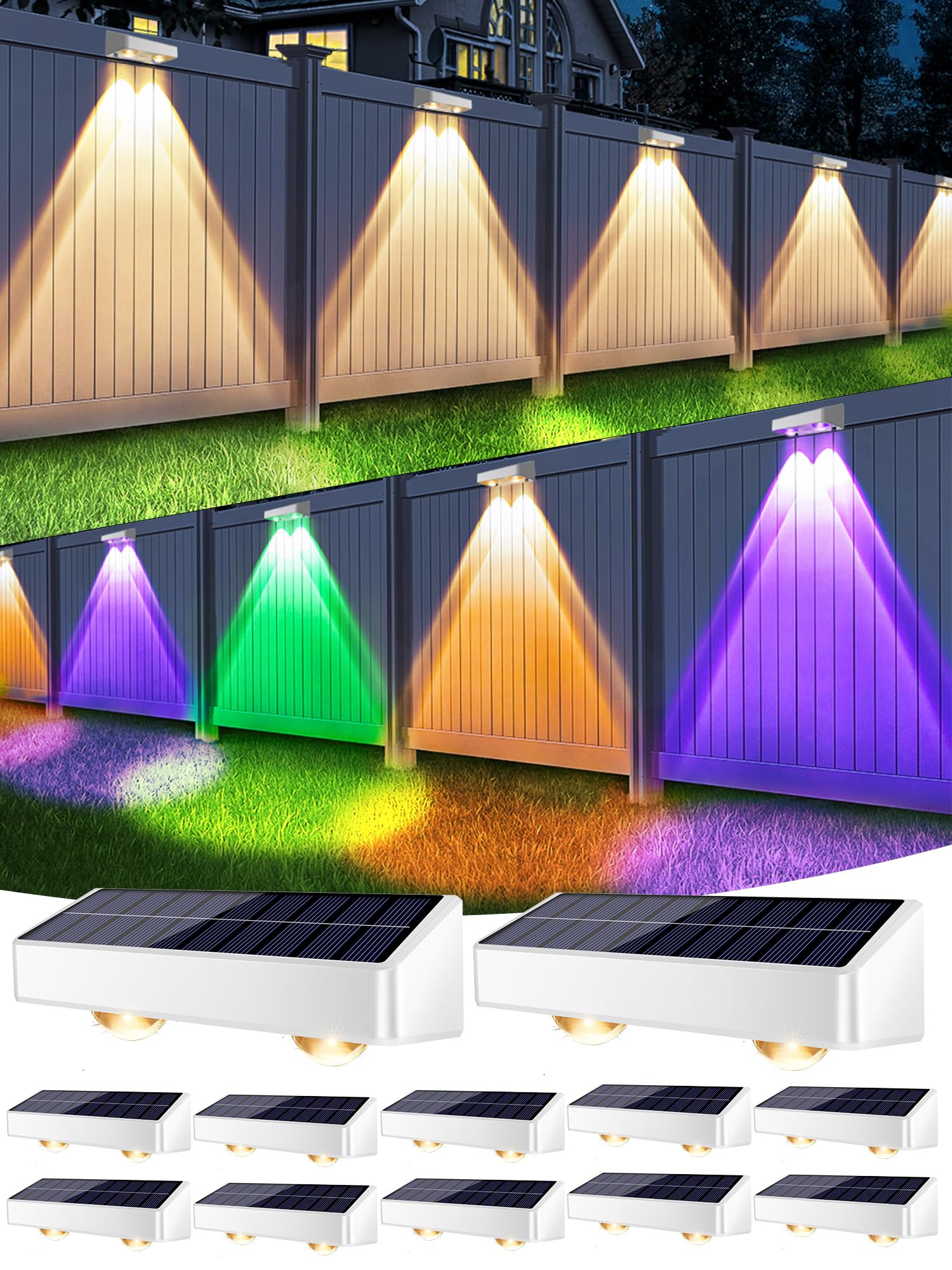 Brizled Outdoor Solar Fence Lights, 12 Pack, Waterproof IP65, 11 Modes, 9 Colors, 100 Lumens, RGBCW - White
