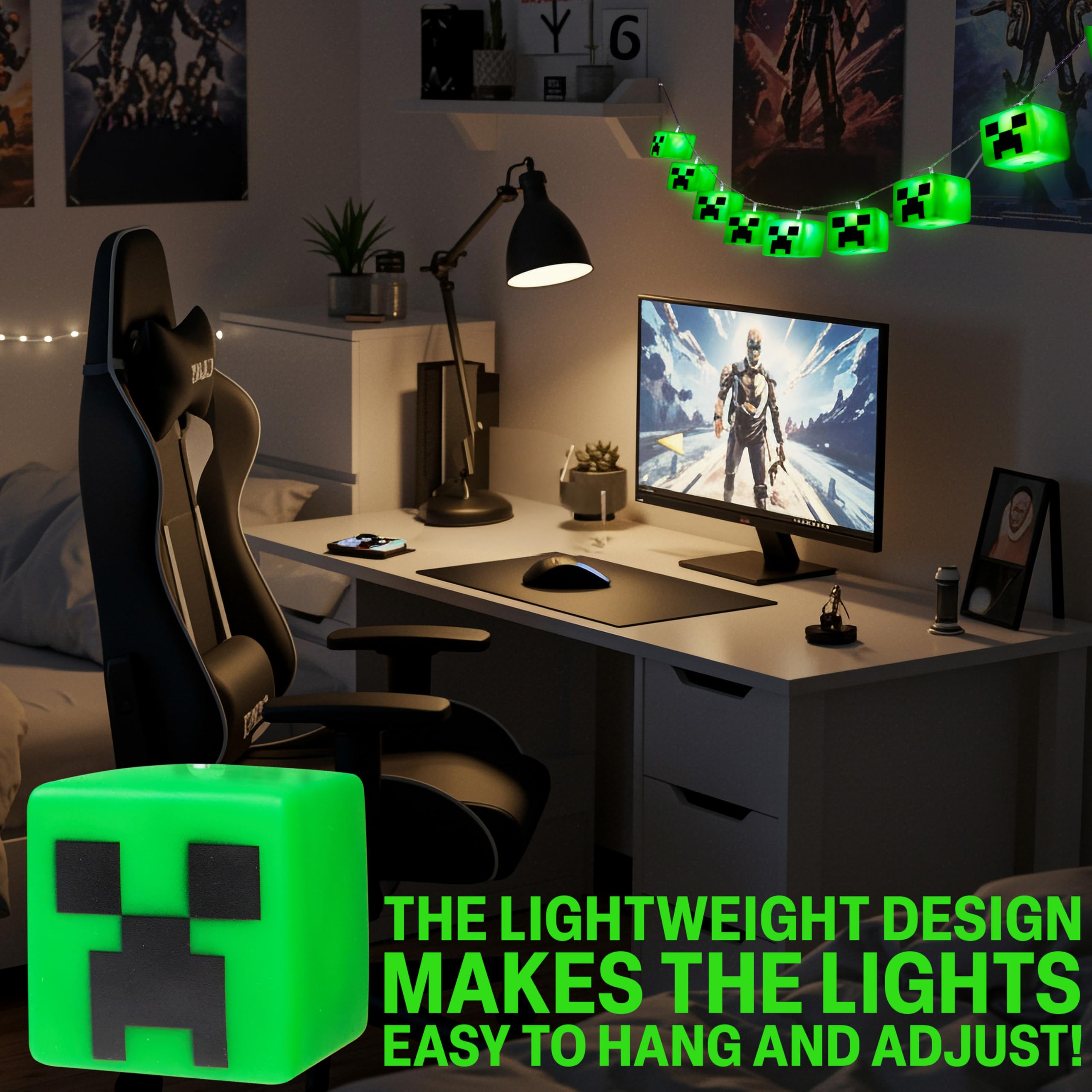 Minecraft LED Fairy Lights, Battery Operated, Creeper Cube 1.5" - White Indoor Room Decor for Kids and Gamers