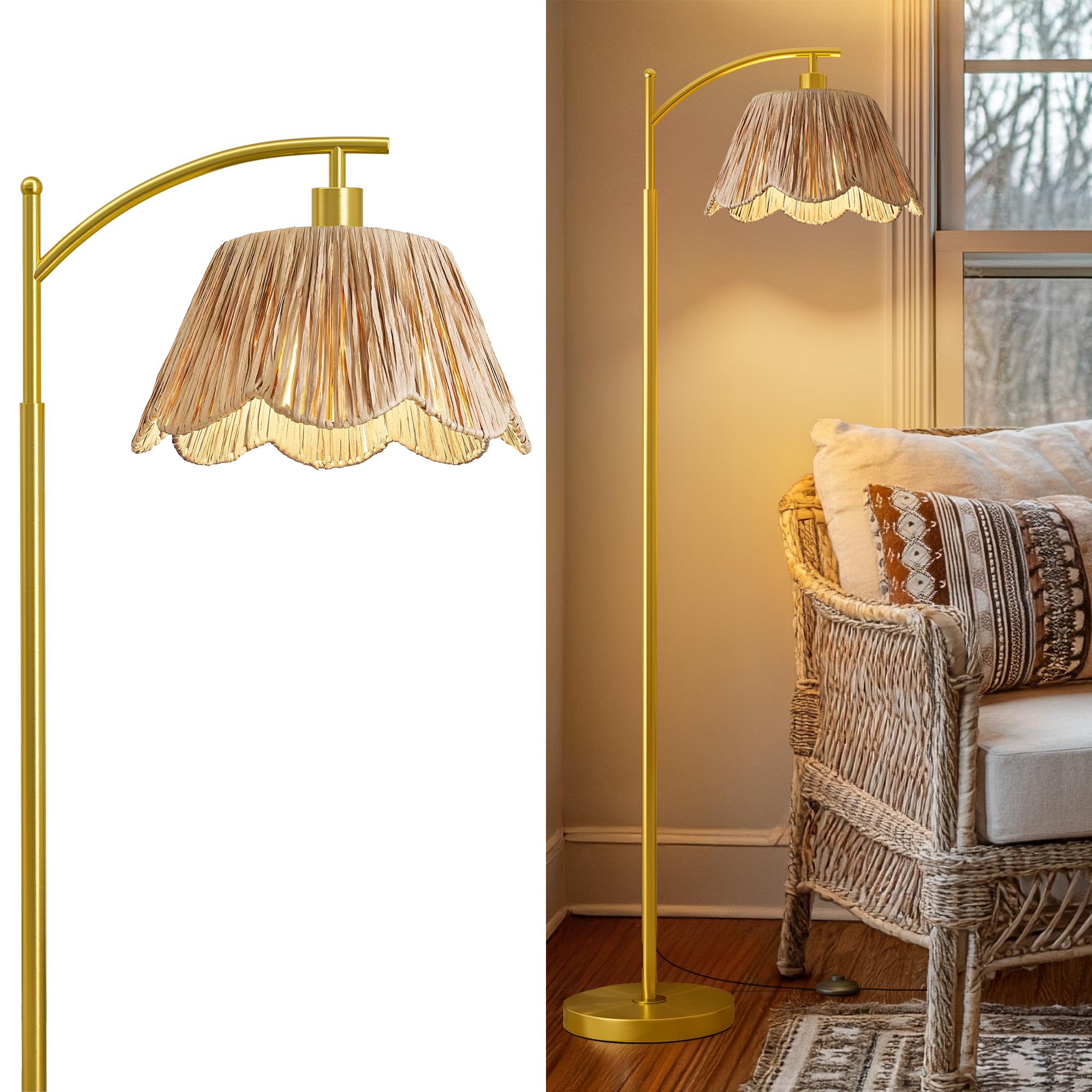Oneach Arc Floor Lamp For Living Room,Rattan Boho Floor Lamp With Hand-Woven Wicker Shade, Foot Switch,Gold Metal Base & Pole,Fa