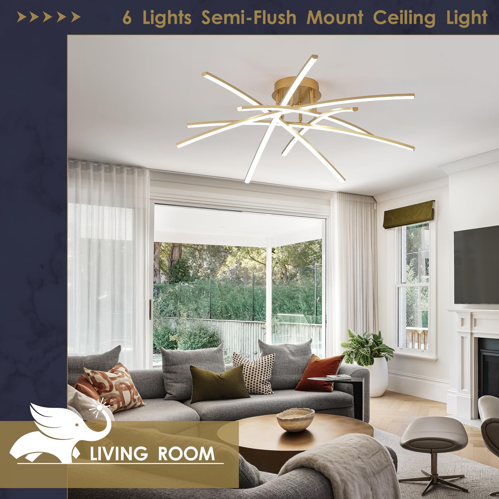 Airyphant Gold Led Chandelier Semi Flush Mount Ceiling Light, 65W Remote Control Ceiling Lighting Fixture For Living Room Dining