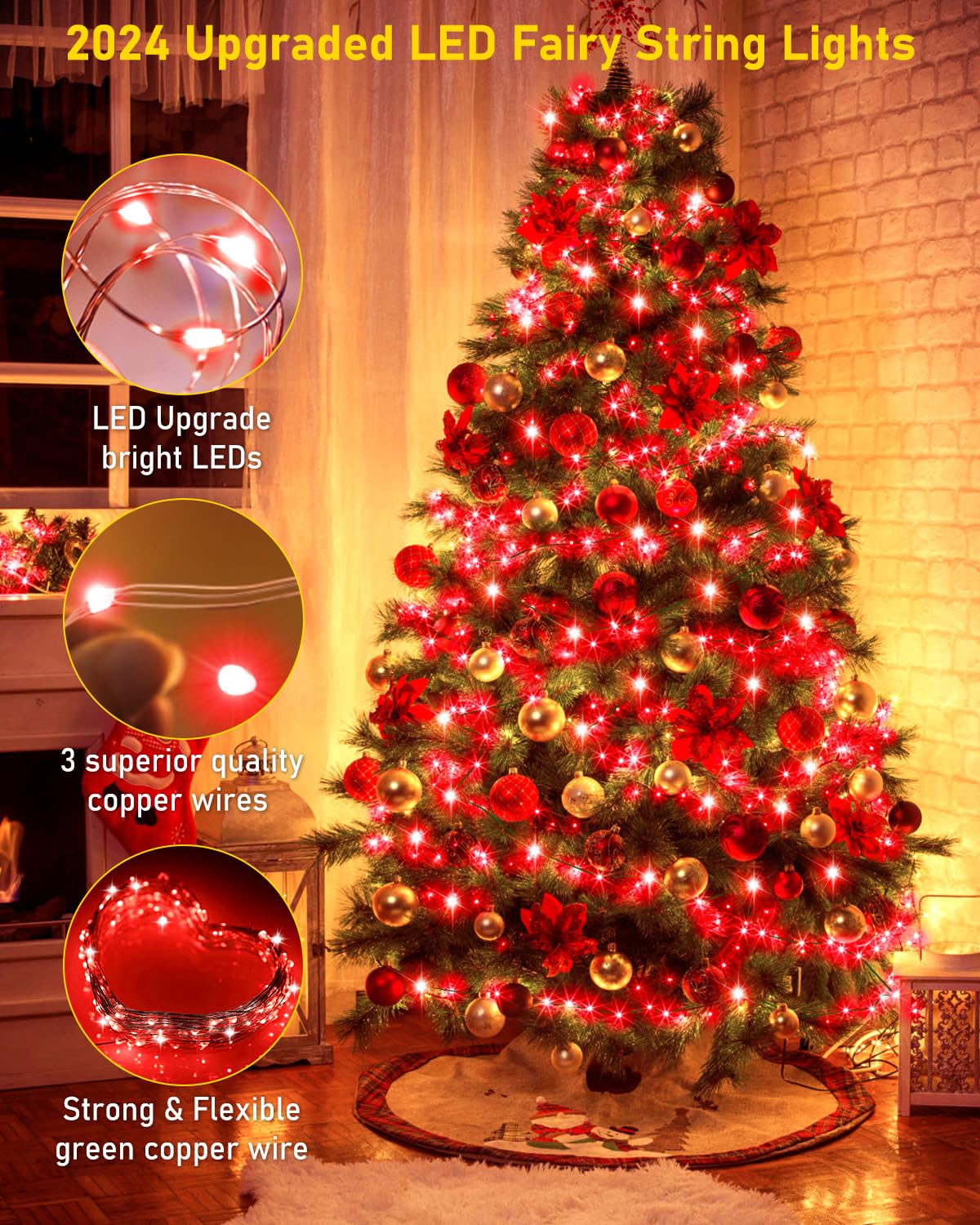 KNONEW 400FT Outdoor Christmas Fairy Lights, 1200 LED Waterproof String Lights, 8 Modes, Red, Model KN-1000-LIG168-01