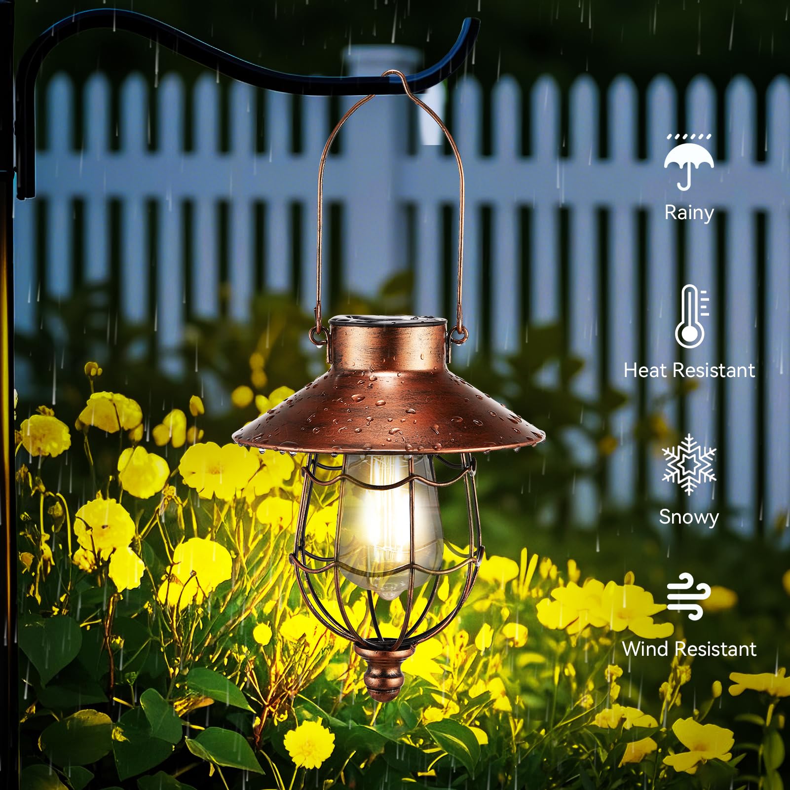 Pearlstar Solar Lantern - Outdoor Hanging Vintage Metal Light, Warm White Edison Bulb, Waterproof, Copper, Model 176