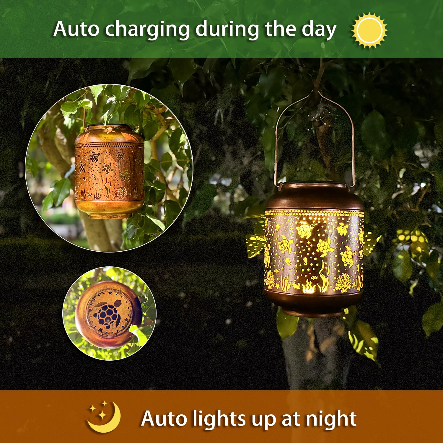 TIGGSY 2 Pack Sea Turtle Solar Lanterns - Waterproof Metal LED Lights for Outdoor Garden Decor, Brown, Model HW-DL-016-2Pack