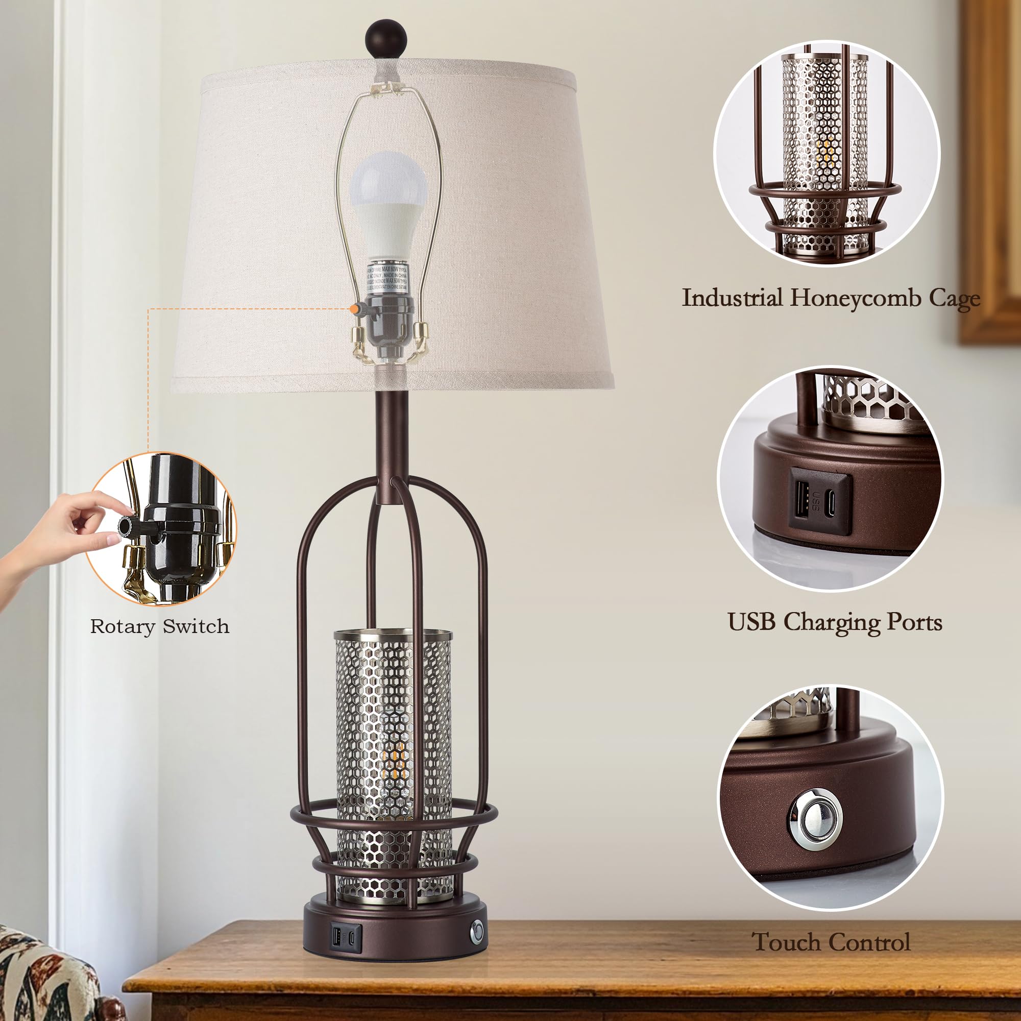 Srjja 28'' Table Lamps For Living Room Set Of 2, Retro Farmhouse 3-Way Dimmable Industrial Touch Bedside Lamps With Usb A+C For