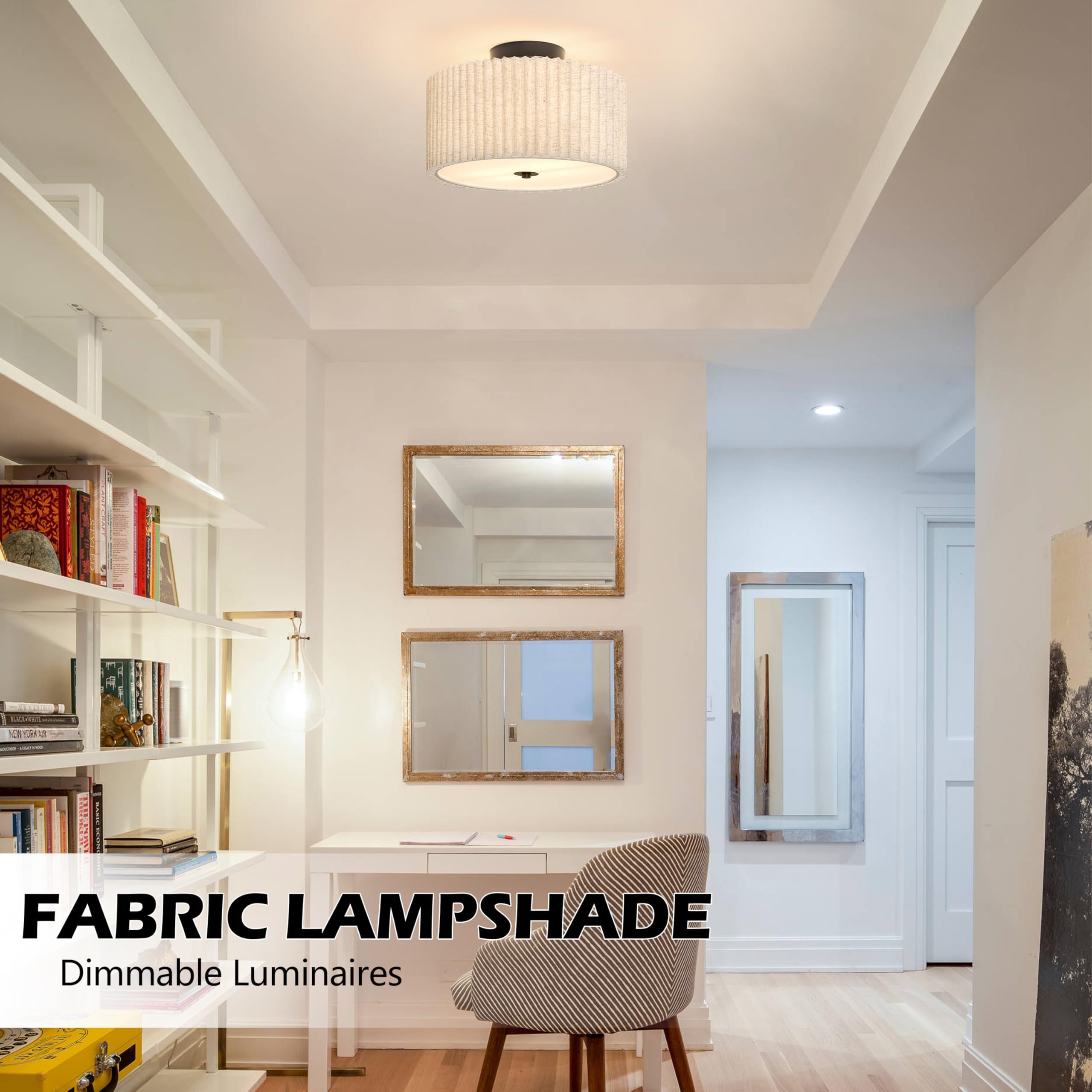 2 Light Semi Flush Mount Ceiling Light Fixture 12.6 Inch Modern Black Drum Ceiling Light Fixture With Pleated Fabric Shade Dimma