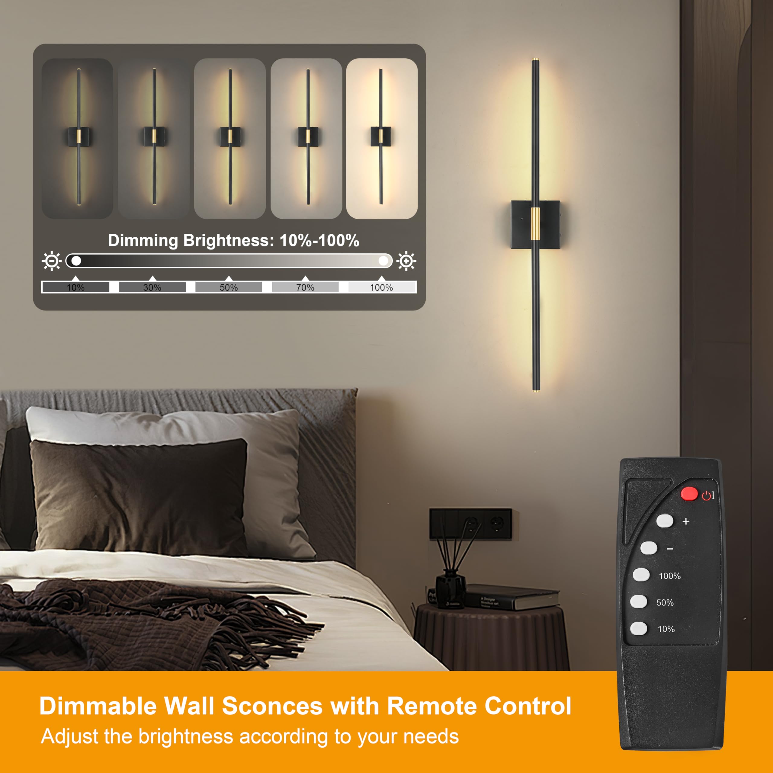 Morauroral Battery Operated Wall Sconce, 24" Black Gold LED Light with Remote, Dimmable Metal Design for Bedroom & Living Room