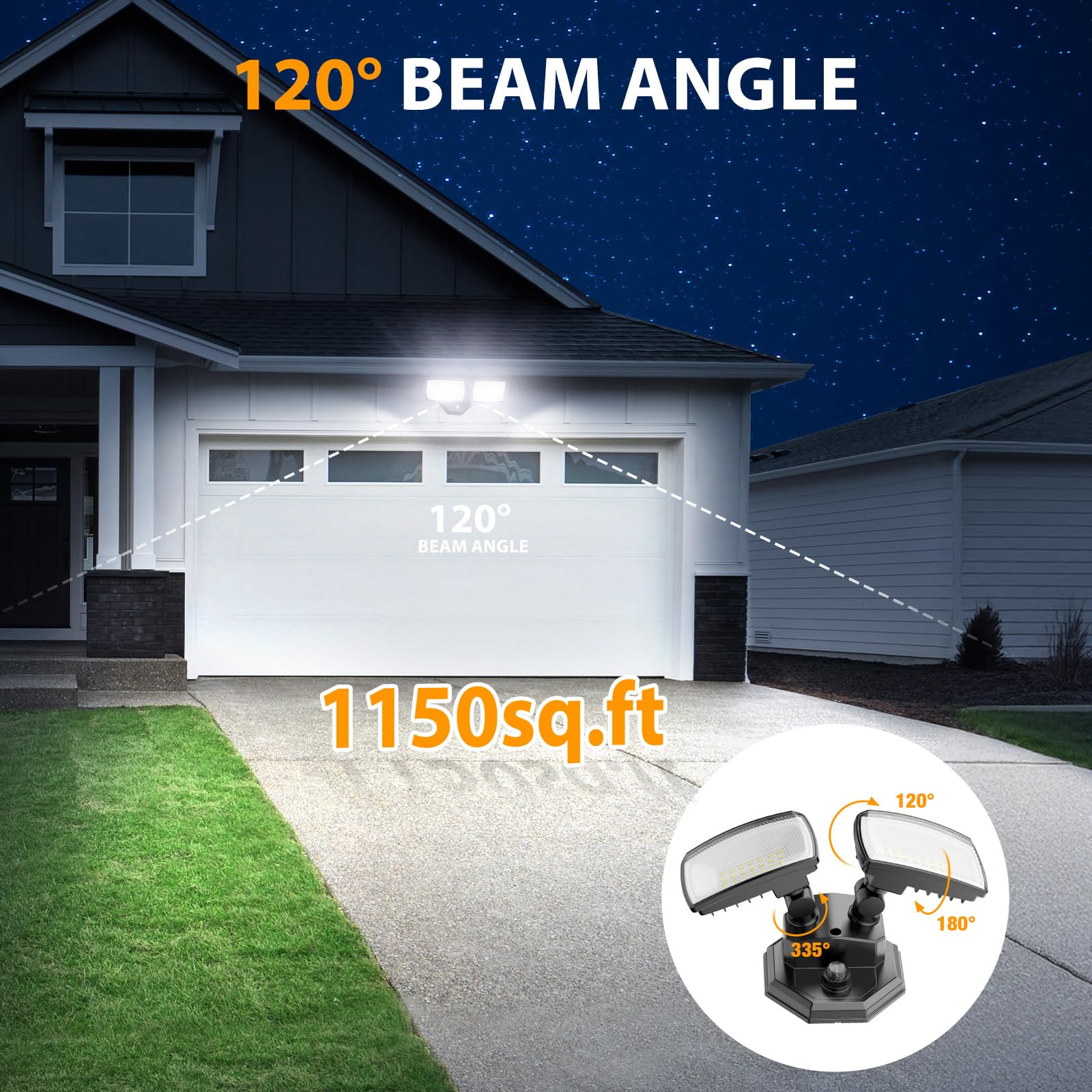 Onforu 32W Dual-Head Flood Light, 3200LM, 6500K, IP66 Waterproof, Black Outdoor Security Lighting for Patio Garden