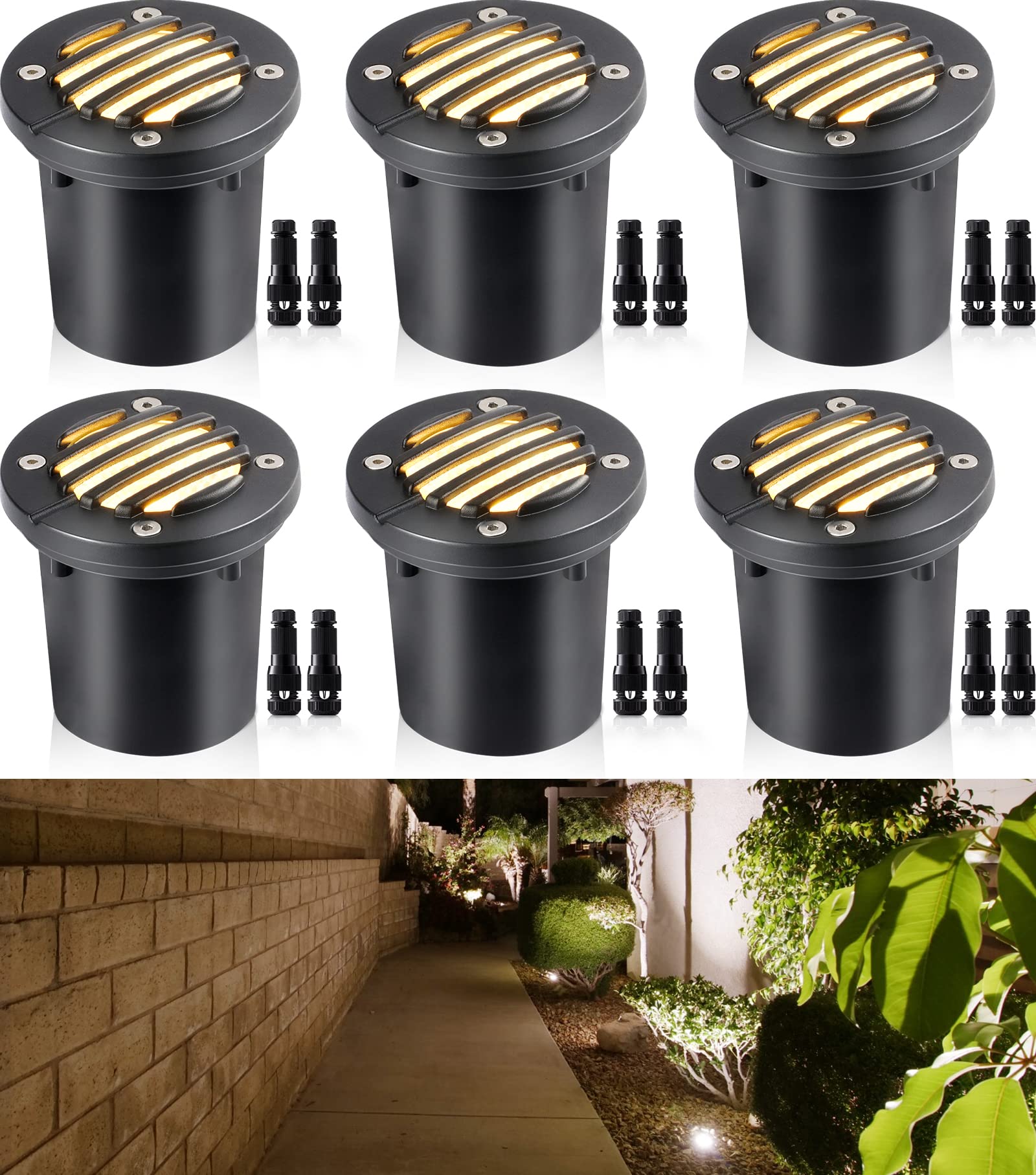 SUNVIE 12W Low Voltage LED Well Lights, Waterproof 3000K, Black, Model MDWG1206C, 6 Pack with Connectors for Outdoor Landscape Lighting