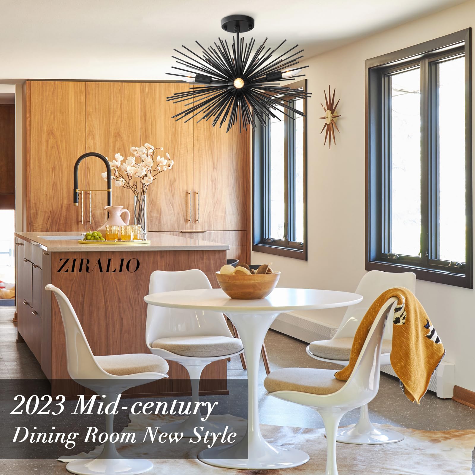 ZIRALIO Black Sputnik Chandelier, 4-Light Modern Metal Flush Mount, 19in for Dining Room, Kitchen, Entryway