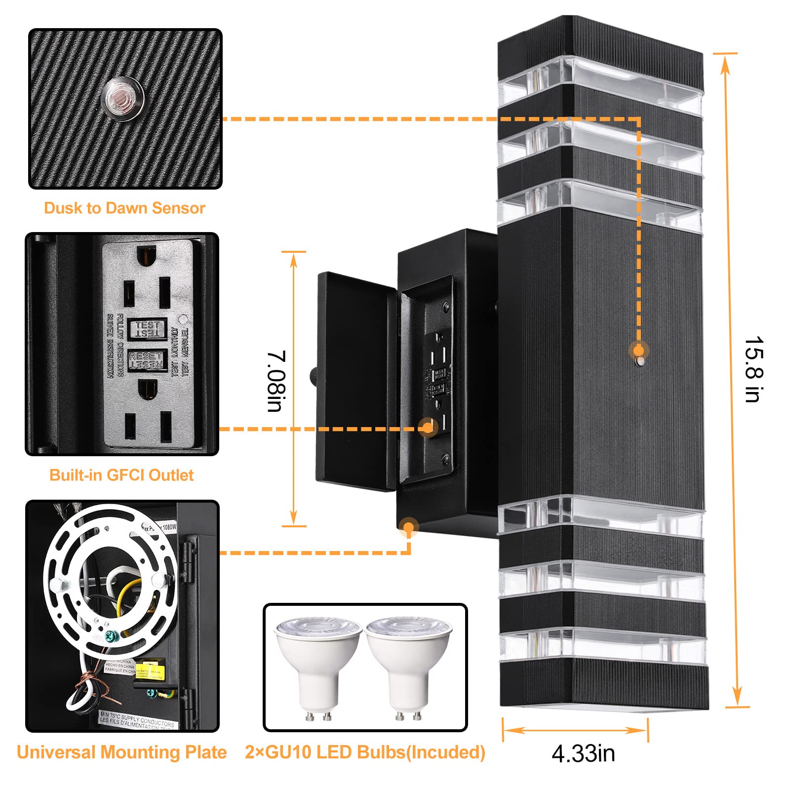 TEBLAMPUE Dusk to Dawn Outdoor Light Fixture with GFCI Outlet, IP65 Waterproof, Aluminum, 2 Sockets, Porch Light, Model TEBOWLS7