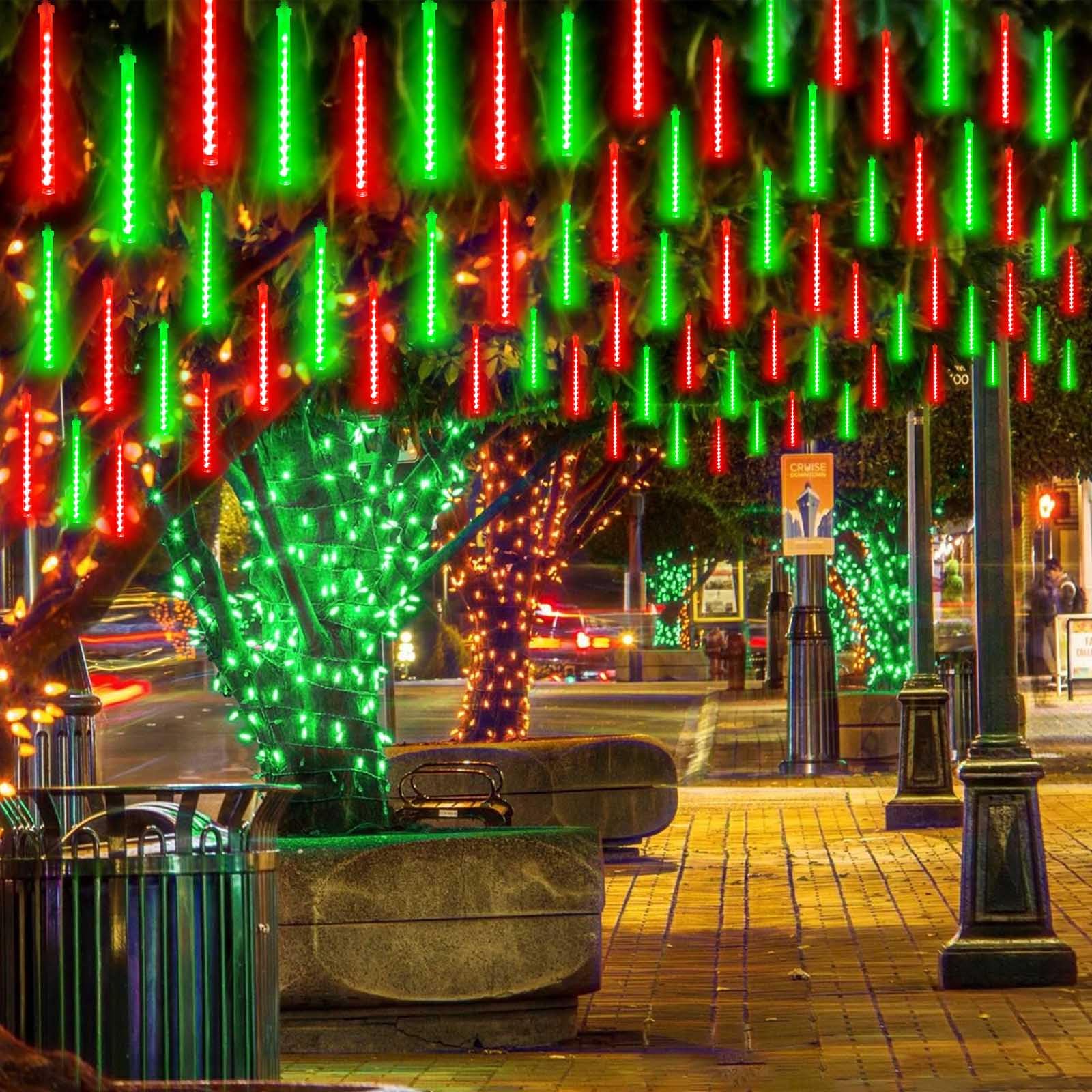 EXF 2-Pack Meteor Shower Lights Outdoor Waterproof 384 LED 30cm Red and Green Plug in Christmas Lights