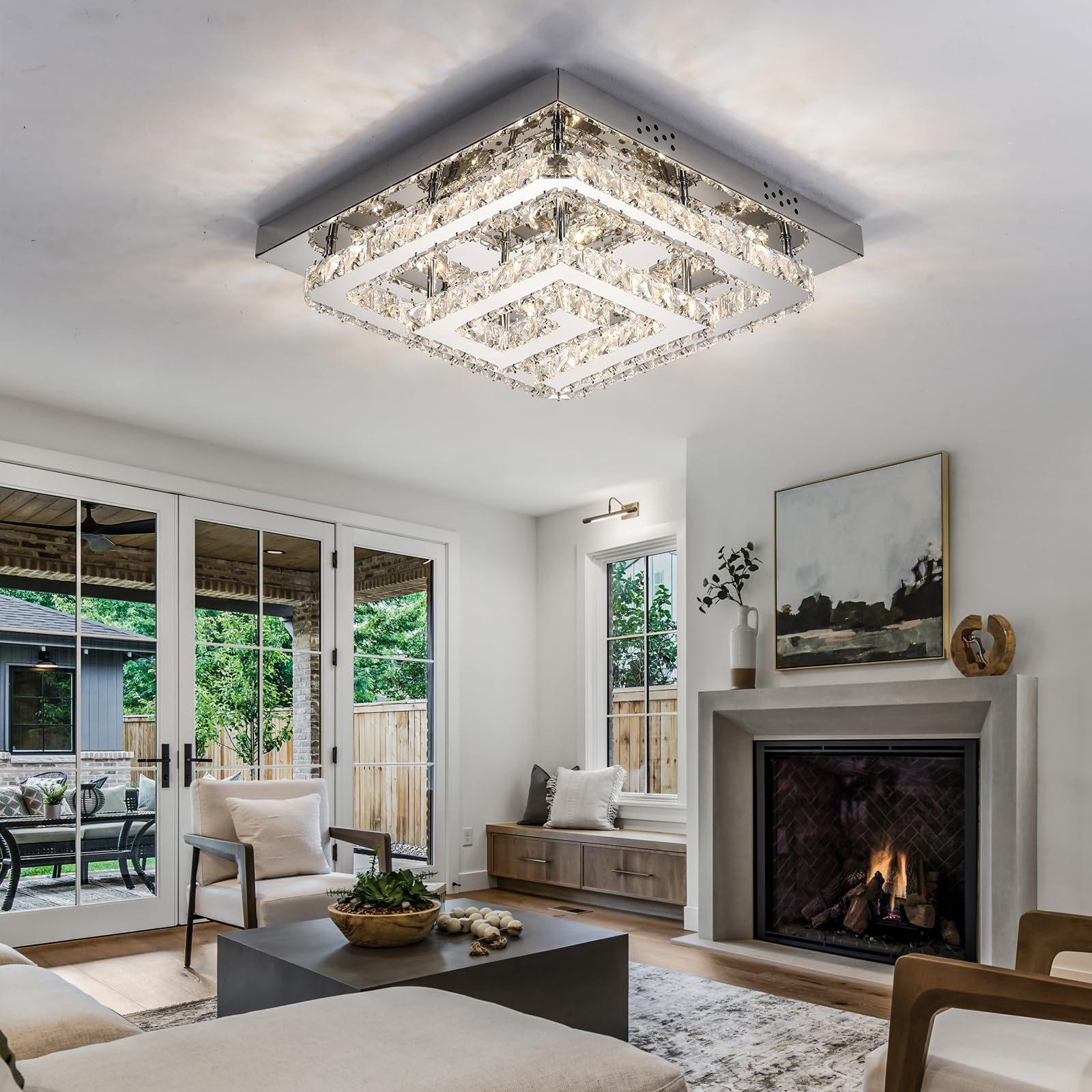 18'' Crystal Chandelier With Remote Control, 3 Color Temperature Light Fixture & Brightness Adjustable, Modern Flush Mount Led C