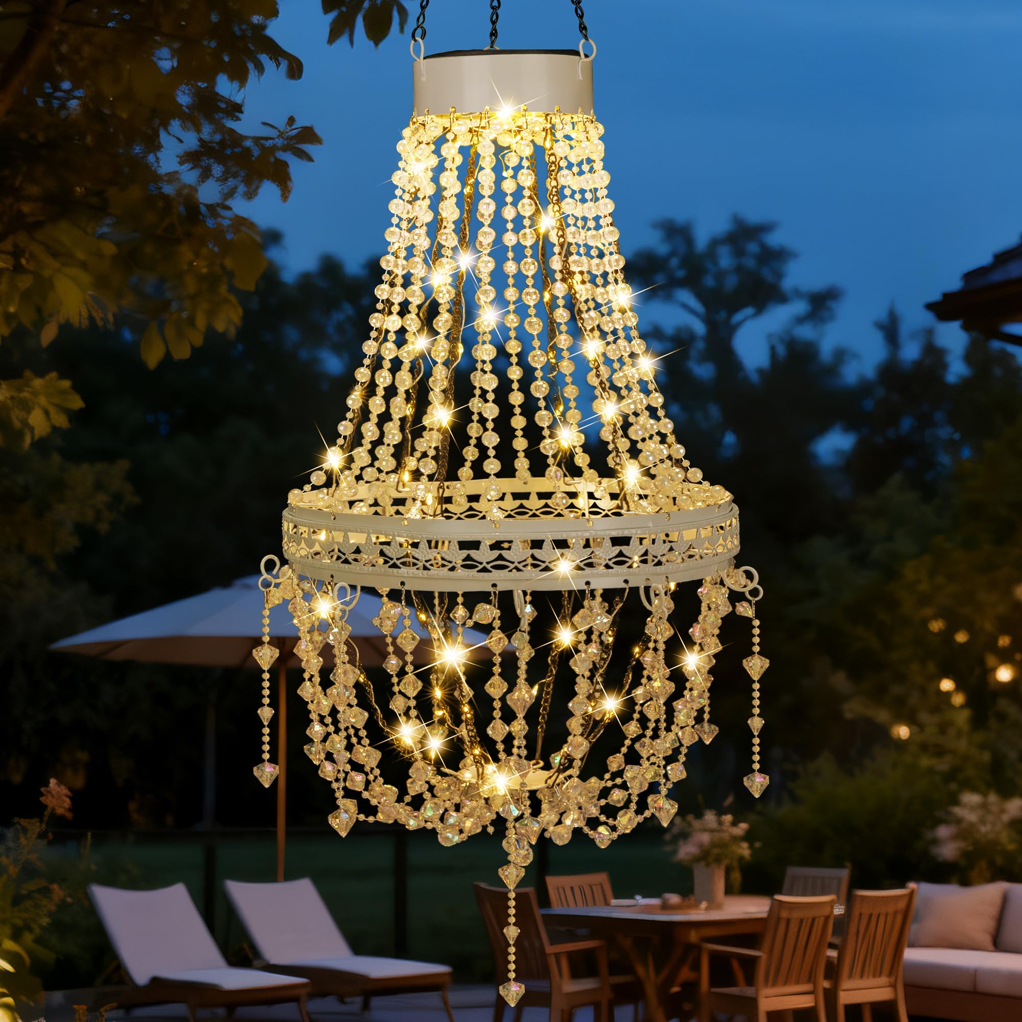 Hanging Solar Lantern Outdoor Chandelier, Waterproof Modern Crystal Acrylic Pendant Light with Warm White LED S Hook Gifts for W