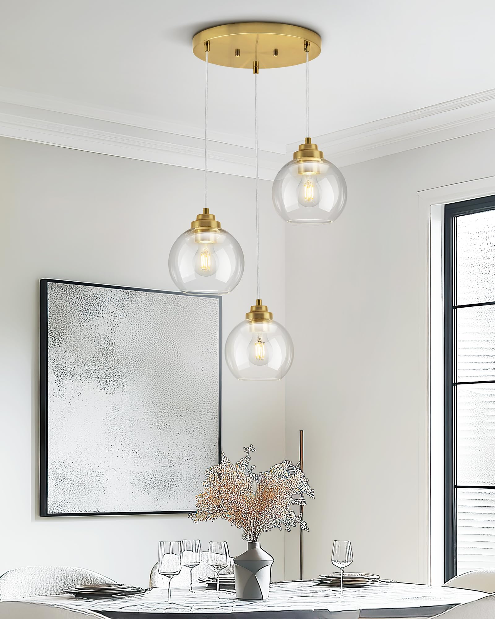 JAZAVA 3-Light Gold Cluster Pendant Light Fixture, 6.7" Clear Glass, Model ZCPL101BG-3C for Kitchen Island, Dining Room, Foyer