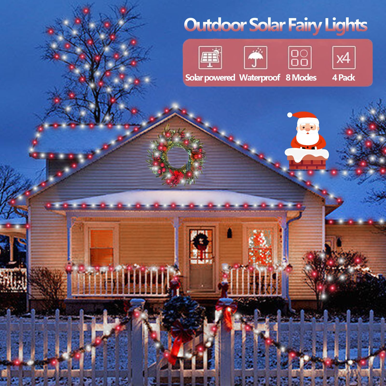 Yeguo Solar Fairy Lights Outdoor Waterproof, 4 Pack Each 33Ft 100 Led Solar String Lights, 8 Modes Silver Wire Solar Outdoor Lights (Red And White)