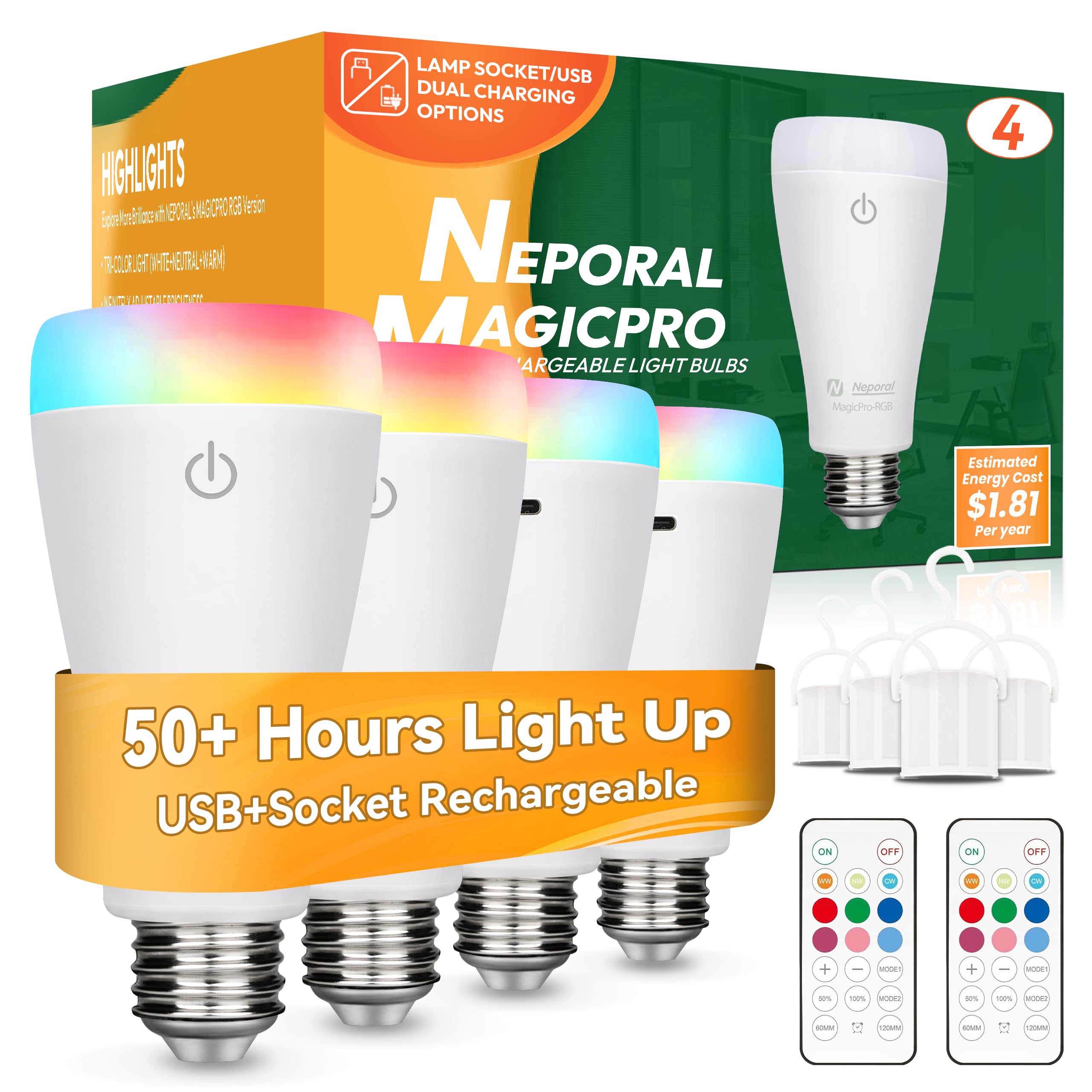 Neporal Magixpro Smart Rechargeable Light Bulbs With Remote, Usb+Socket Rechargeable Battery Operated Light Bulb, 2 Hrs Fast Cha