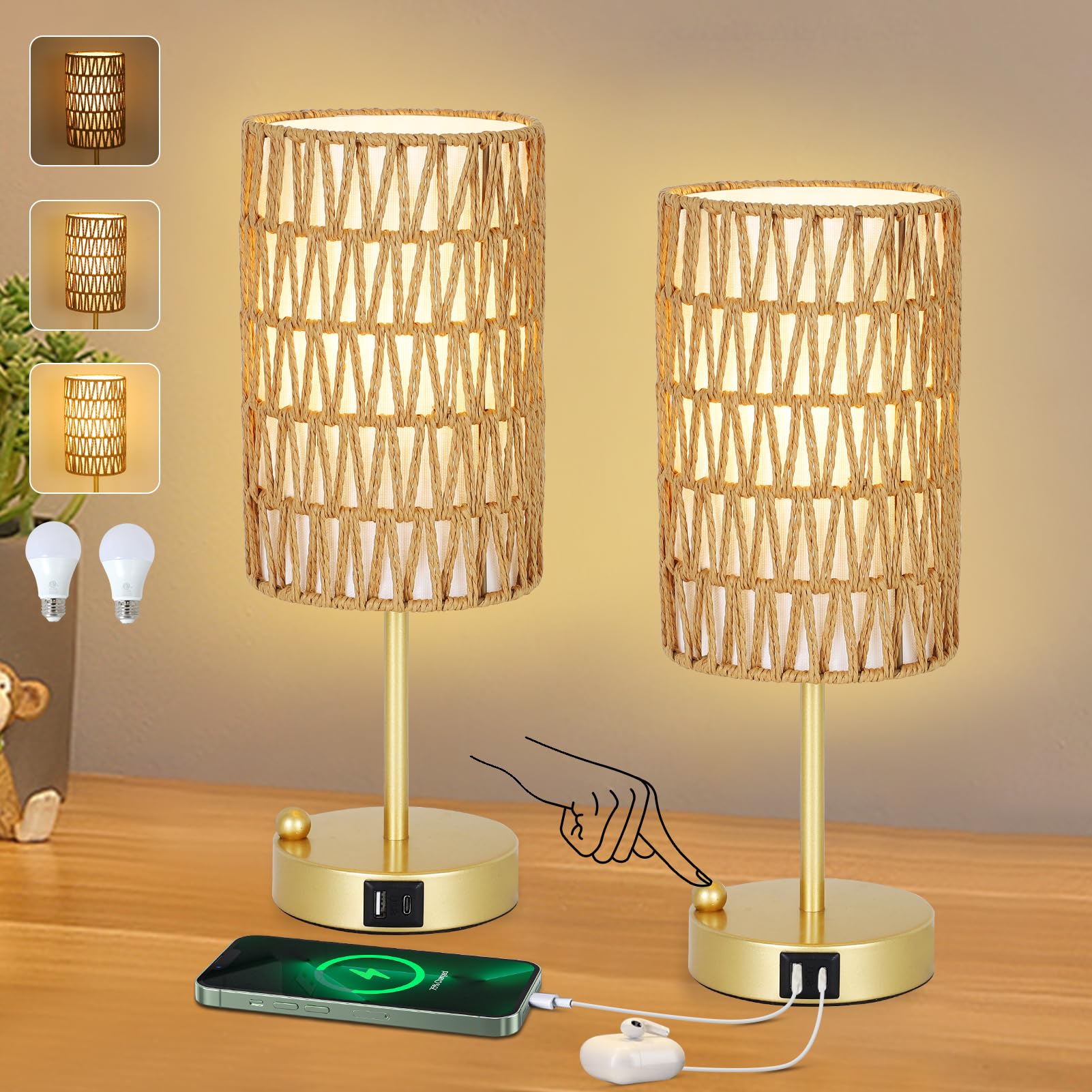 Eayaya Gold Bedside Lamps Set of 2, Touch Control Night Stand Lamp for Bedroom with Rattan & Linen Shade & Bulbs, 3 Way Dimmable