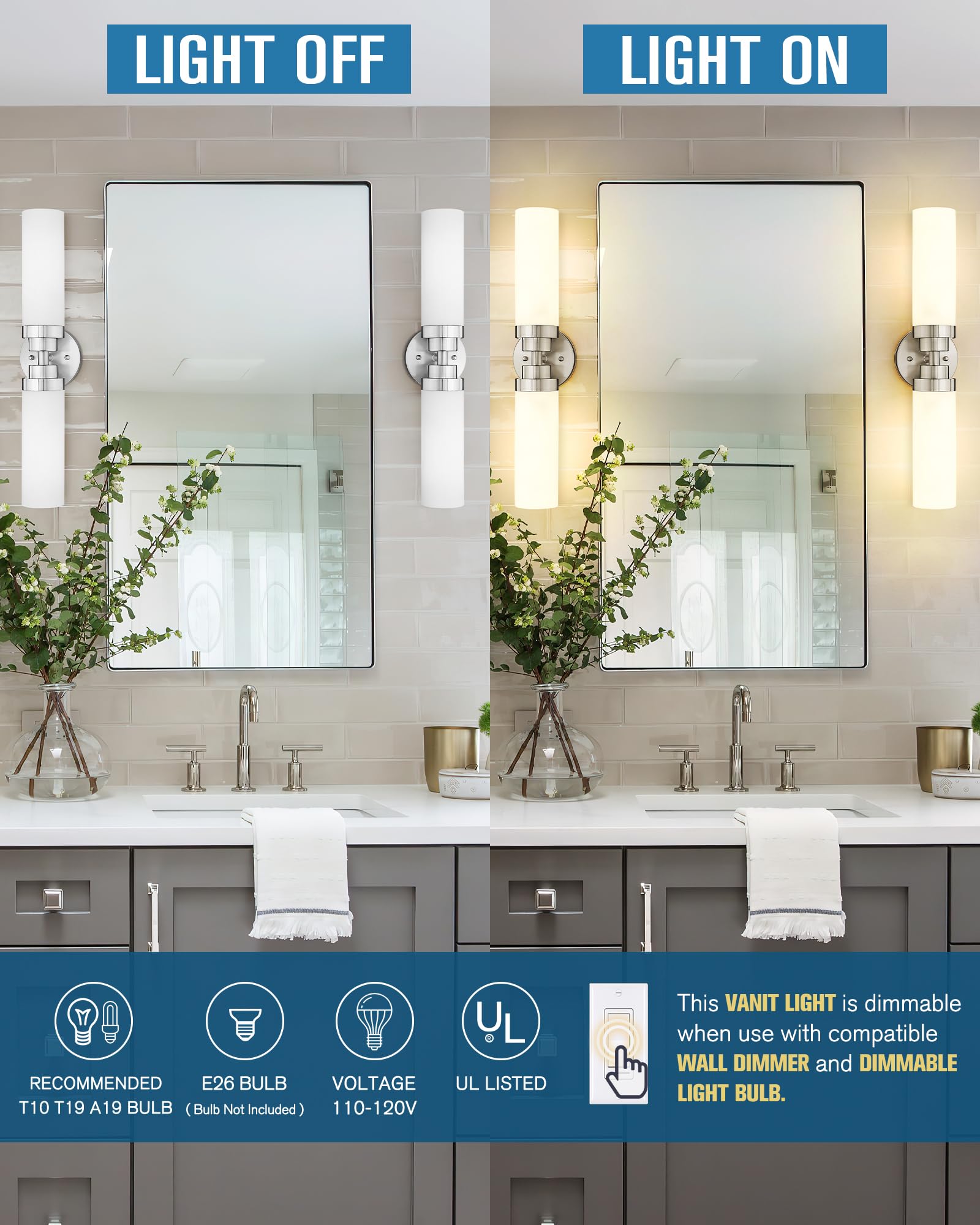 Emak 2-Light Bathroom Vanity Light Fixtures, 22" Brushed Nickel & Milk Glass, Model VL085-BN-ML-2, Ideal for Indoor Use