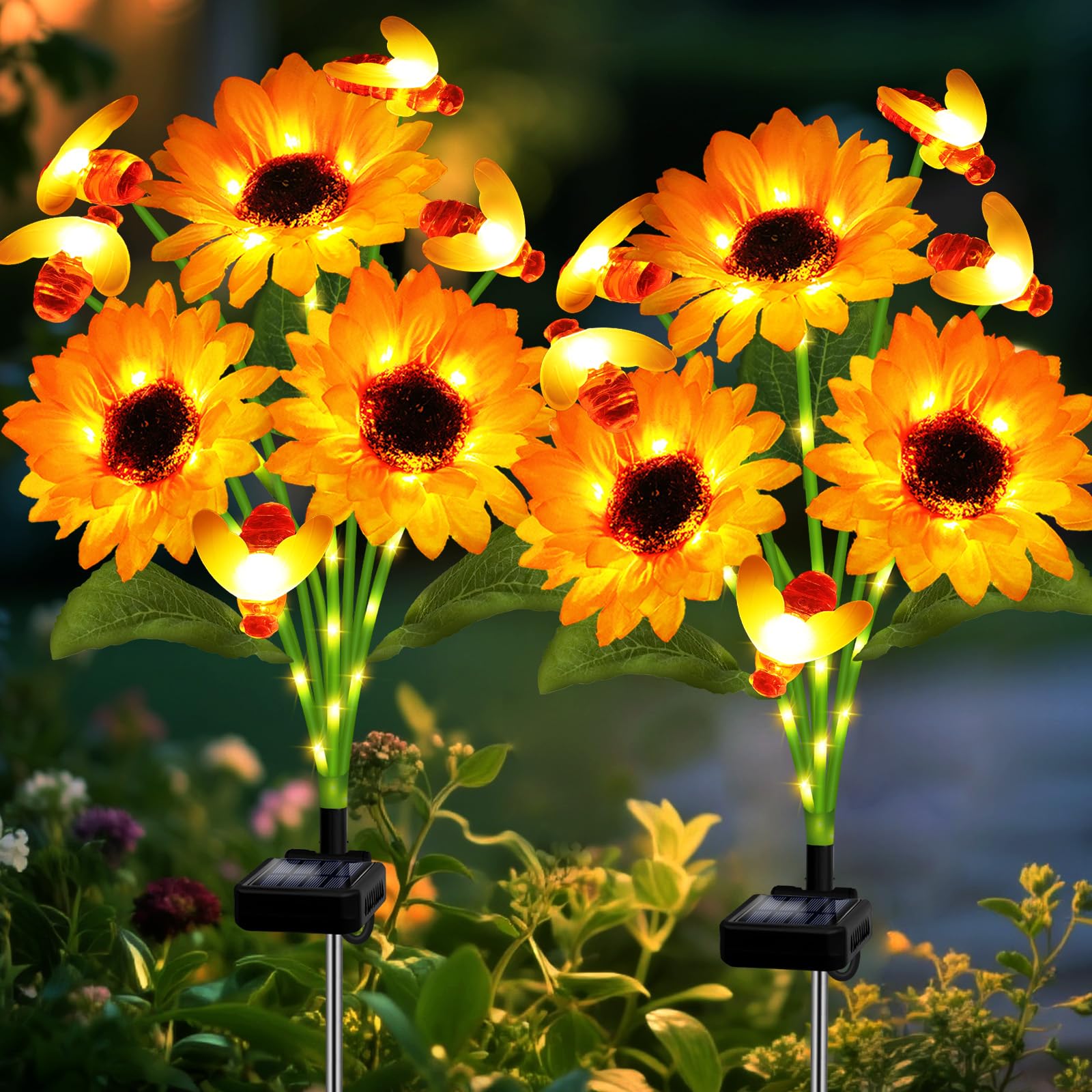Solar Garden Lights 2 Pack Solar Swaying Bee Lights with Sunflowers, Gifts for Mom Women Mothers Day, Waterproof Firefly Flower 