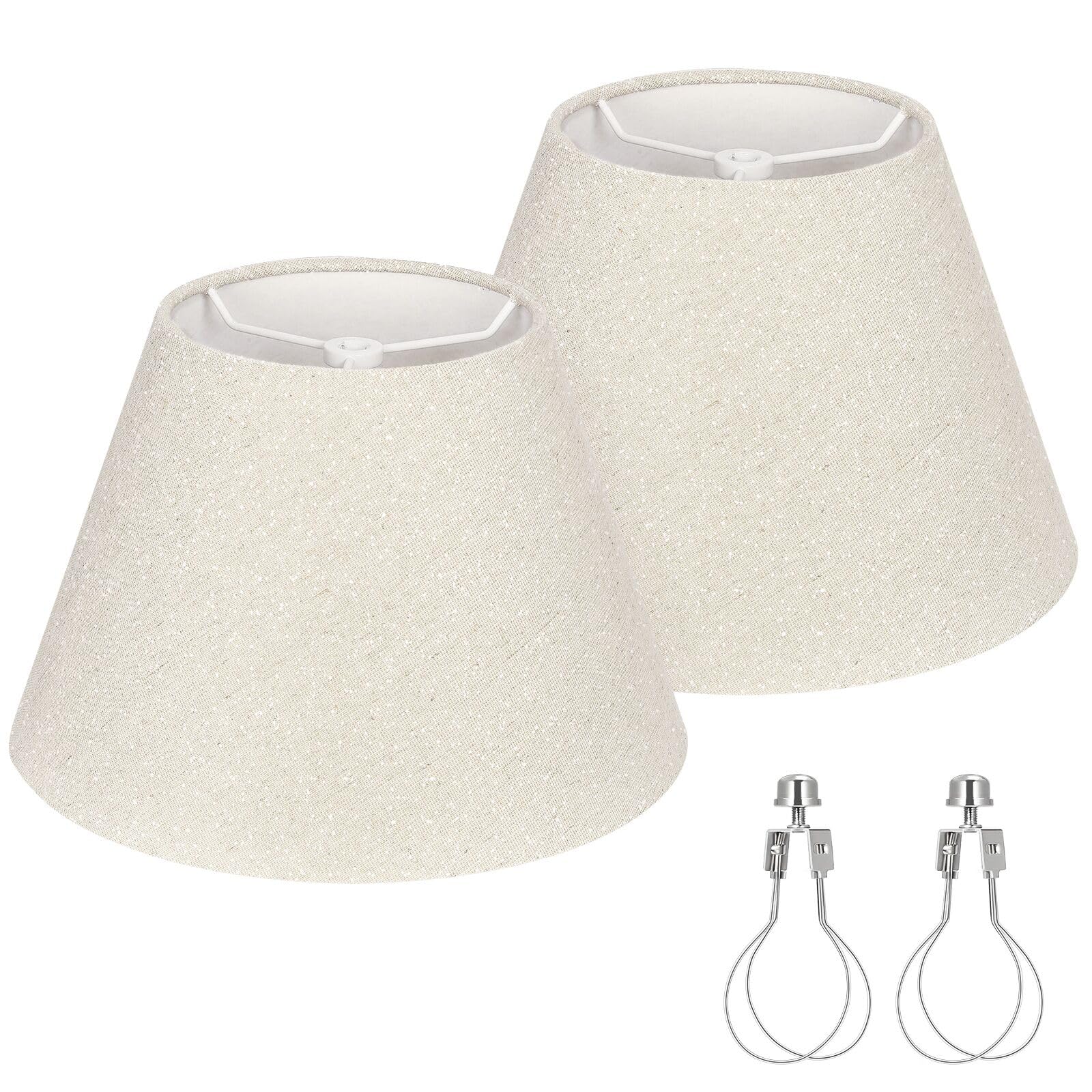 Small Lamp Shades Set of 2, Beige with Silver Thread Lamp Shade, 5.5'' Top x 10'' Bottom x 6.6'' High, Glitter Linen Lamp Shades