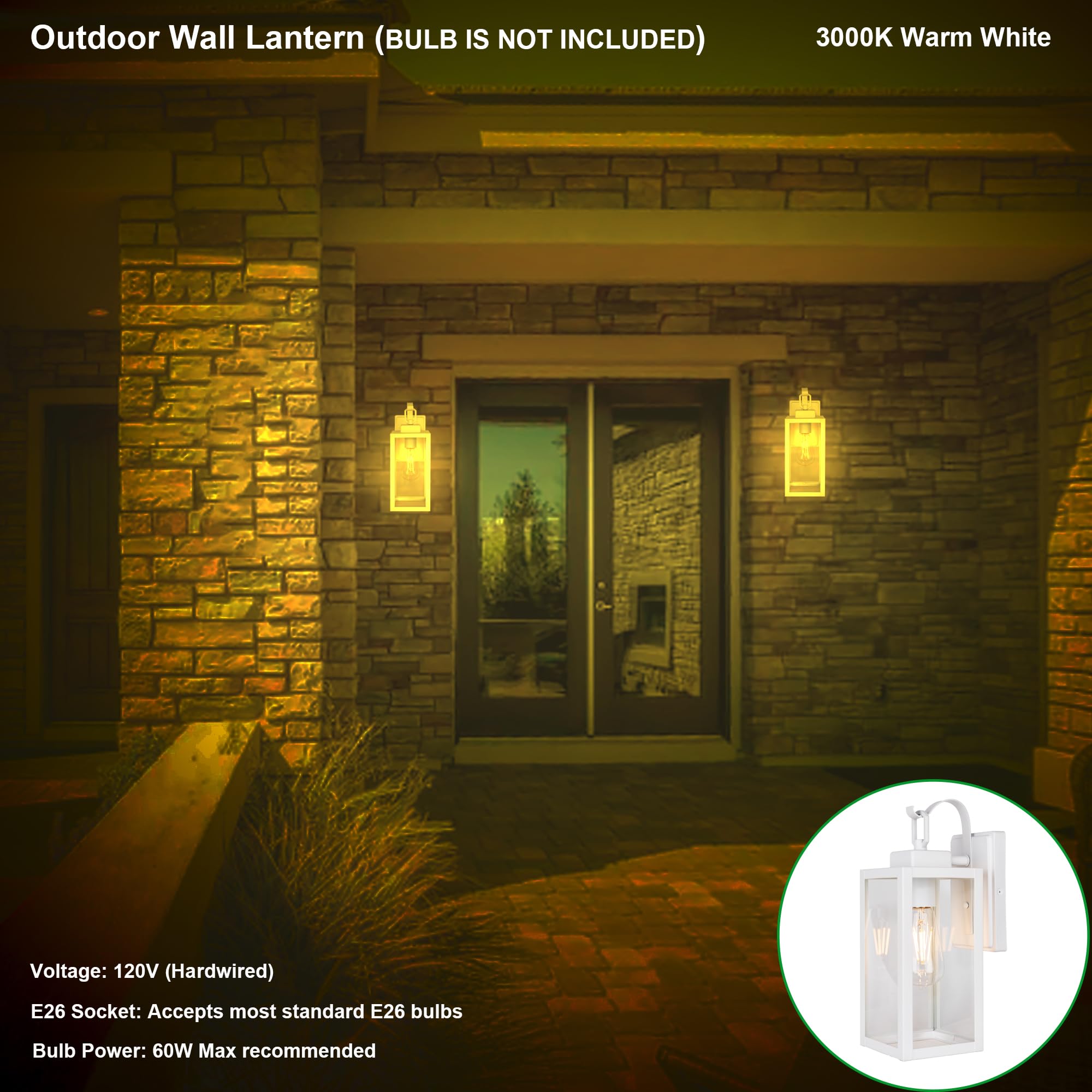 Gruenlich Outdoor Wall Lantern, Wall Sconce For Porch Lighting Fixture, E26 Base Max 60W, Metal Housing Plus Glass, White Finish