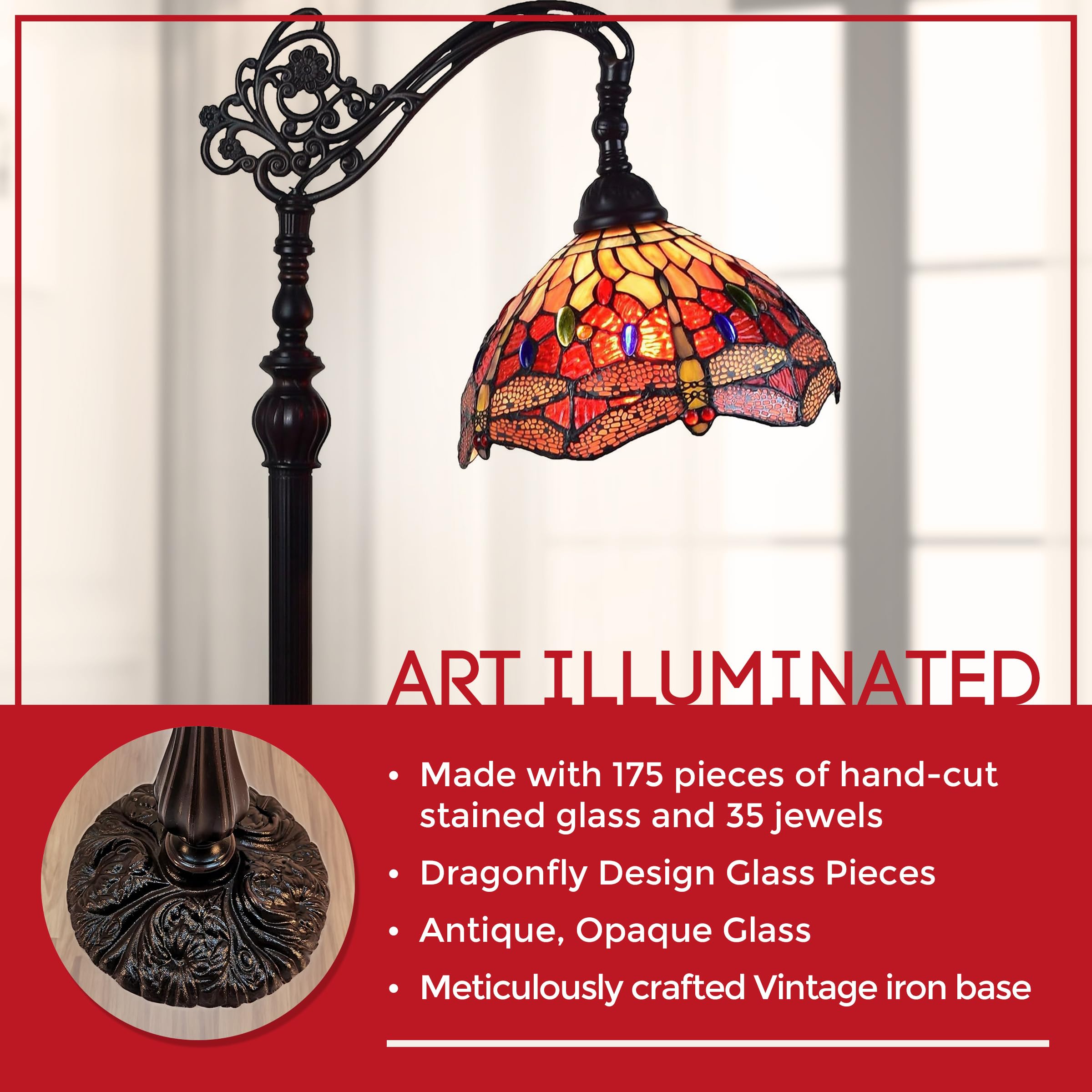 Amora Tiffany Style Floor Lamp, Arched, 62in Tall, Stained Glass, Red Yellow Green, Model AM079FL10B, 10 Inch Diameter