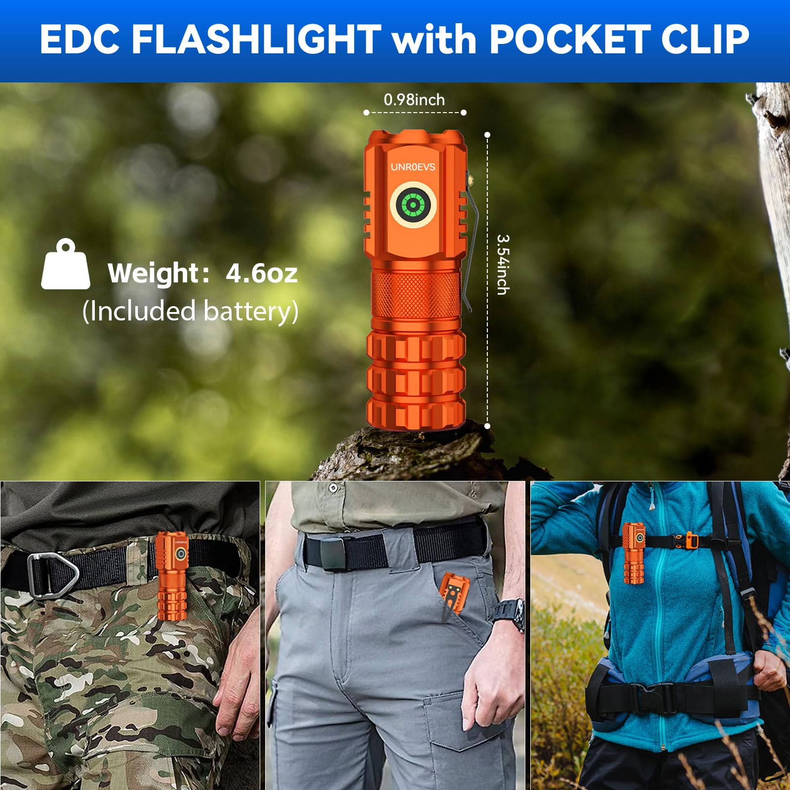 UNROEVS XC06 Mini Rechargeable Flashlight, Super Bright, Compact, Orange, Aluminum, 5 Modes, Perfect for Camping & Emergency