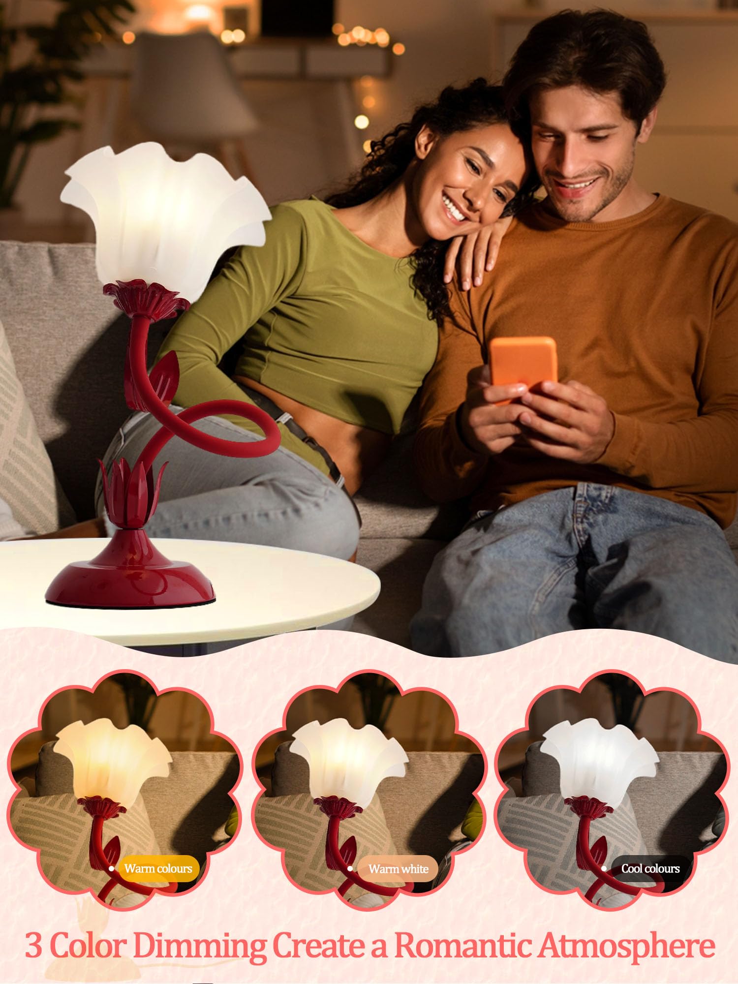 Aqdzcnf Flower Table Lamp,Led Reading Light Bedside Vintage Flower Night Light,3 Colors Modes Kawaii Bedside Lamps Decor,Living