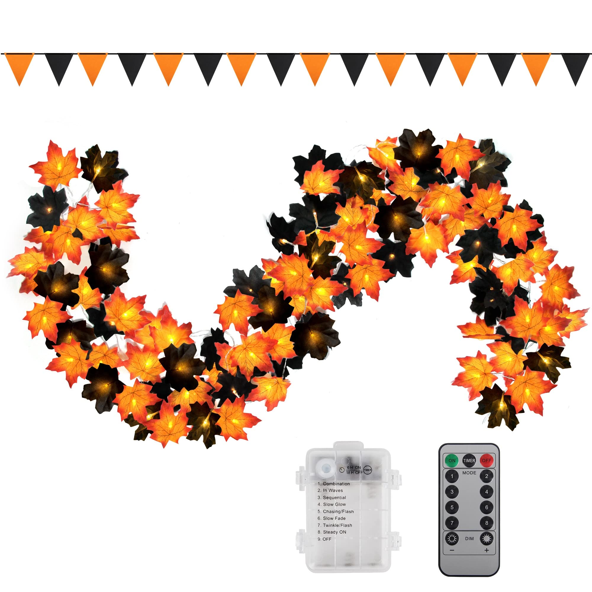 50 Led 16.4Ft Halloween Decorations Fall Garland String Lights With Timer And Remote, Lighted Black Maple Leaves Garlands Decor With Banner, Battery Operated Fall Lights For Home Party Indoor Mantle