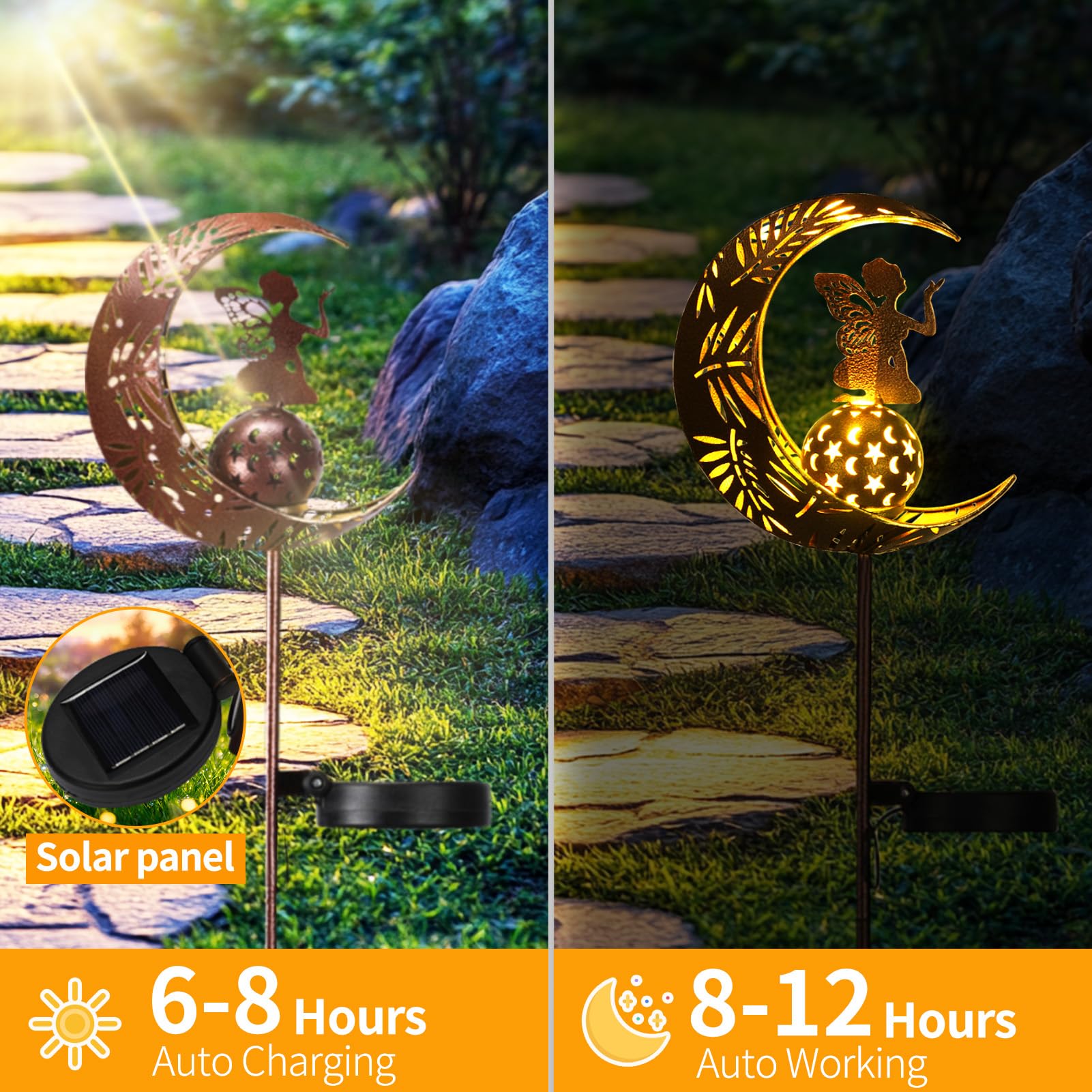 ZKLiLi Garden Solar Pathway Lights with Moon Fairy Decor, Waterproof Outdoor Lighting for Walkway, Yard, Patio, Colourful, Model ZKLILI-01