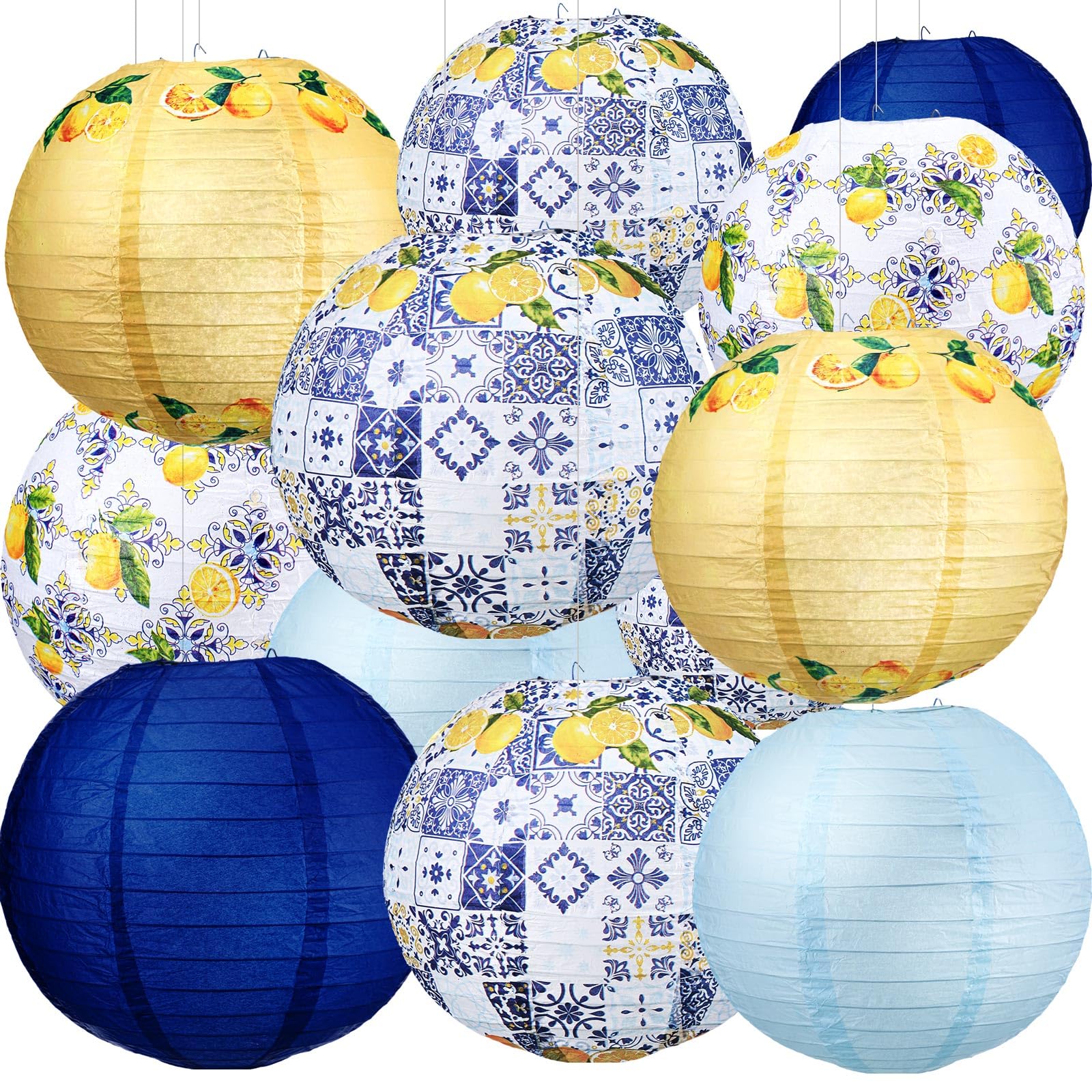 Retisee 12 Pcs 10'' Capri Lemon Pattern Paper Lantern Party Supplies For Bridal Shower Wedding Amalfi Coast Blue Yellow Tiles Me