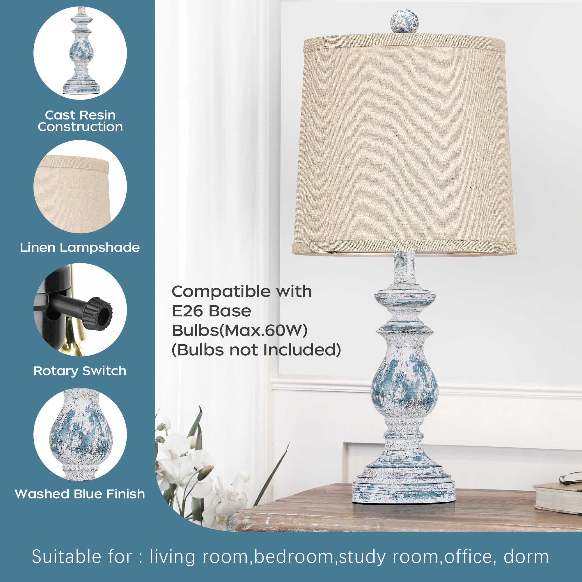 PARTPHONER Traditional Table Lamp Set of 2, 22" Rustic Bedside Lamps, Washed Blue Resin with Linen Shades, Model STR-DL-0004