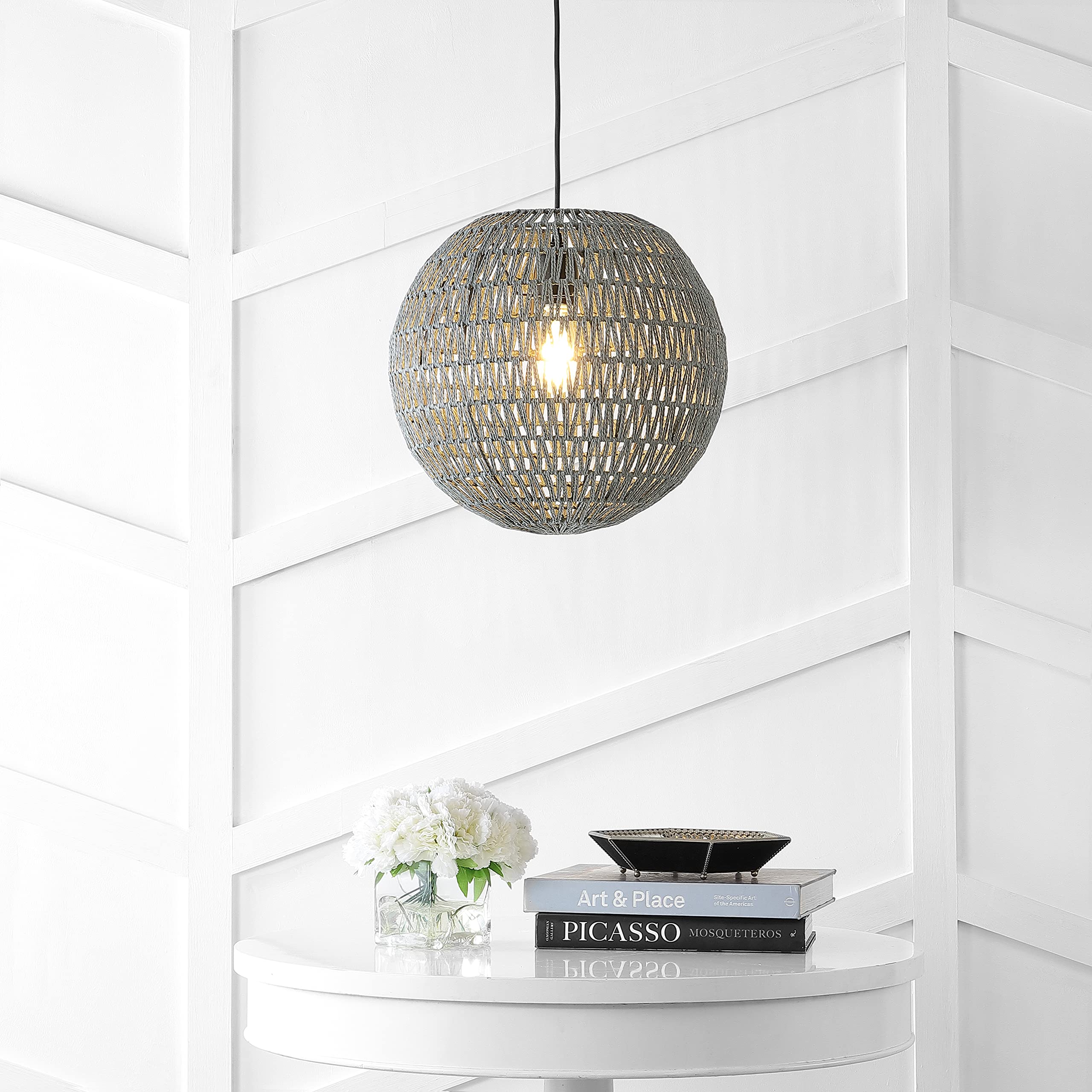 JONATHAN Y Luna 1-Light Pendant, 15.75in Woven Rattan/Iron, Gray/Black, Model JYL6503D, Adjustable for Dining Room, Living Room