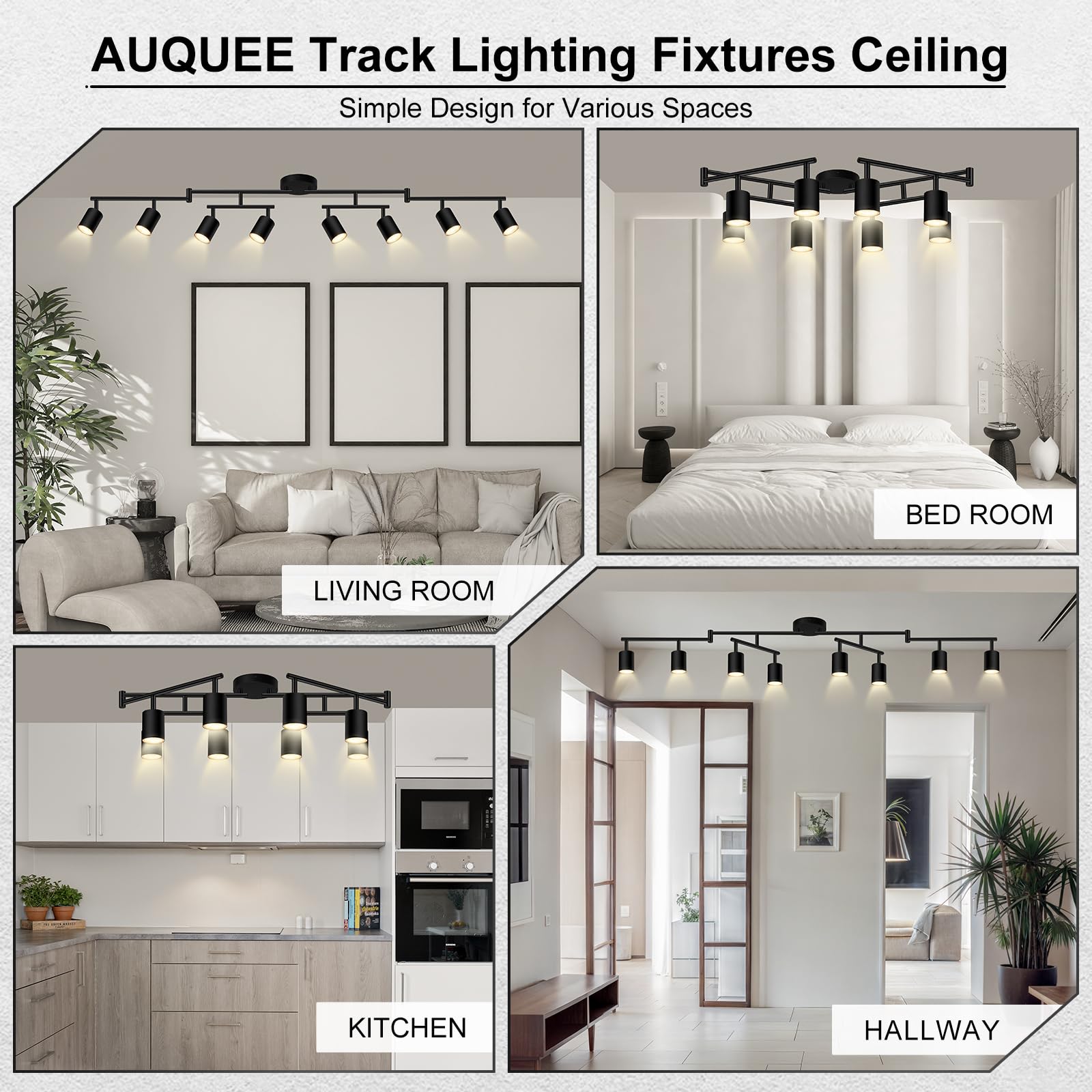 AUQUEE 8 Light Track Lighting Fixtures, Matte Black, Adjustable LED Lights for Kitchen/Hallway, Model AQC0681US, Metal Construction