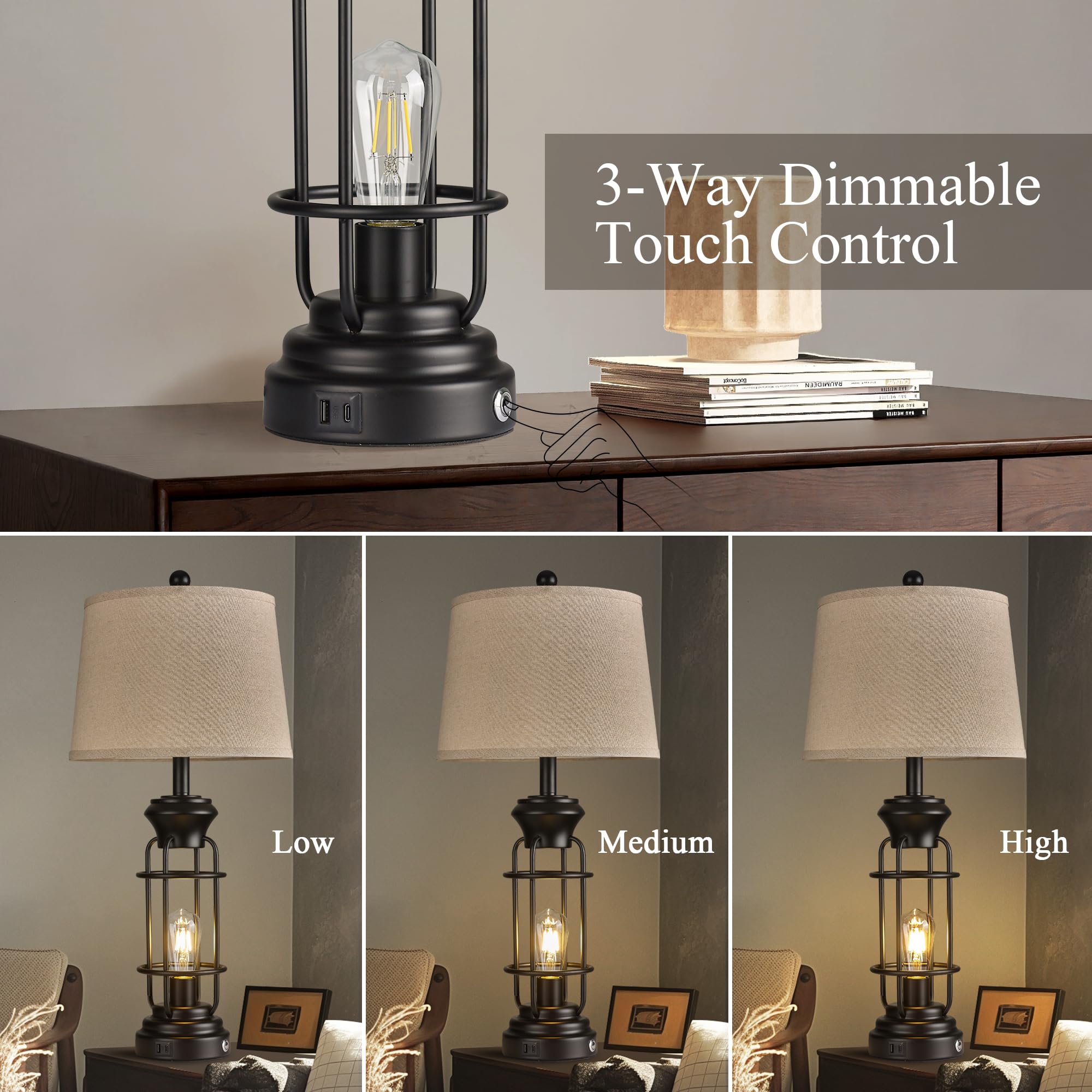 Reaketon Table Lamp Set Of 2 With Usb Ports, 29.3'' Tall Farmhouse Table Lamp With 2 Nightlight Bulbs,Touch Control Table Lamps