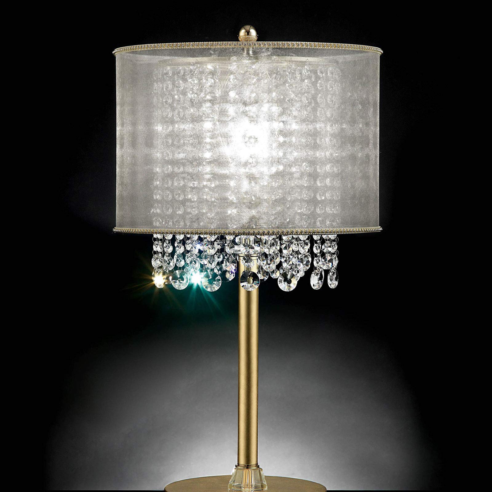 Benjara Table Lamp With Hanging Crystal Droplets Drum Shade, Gold And White