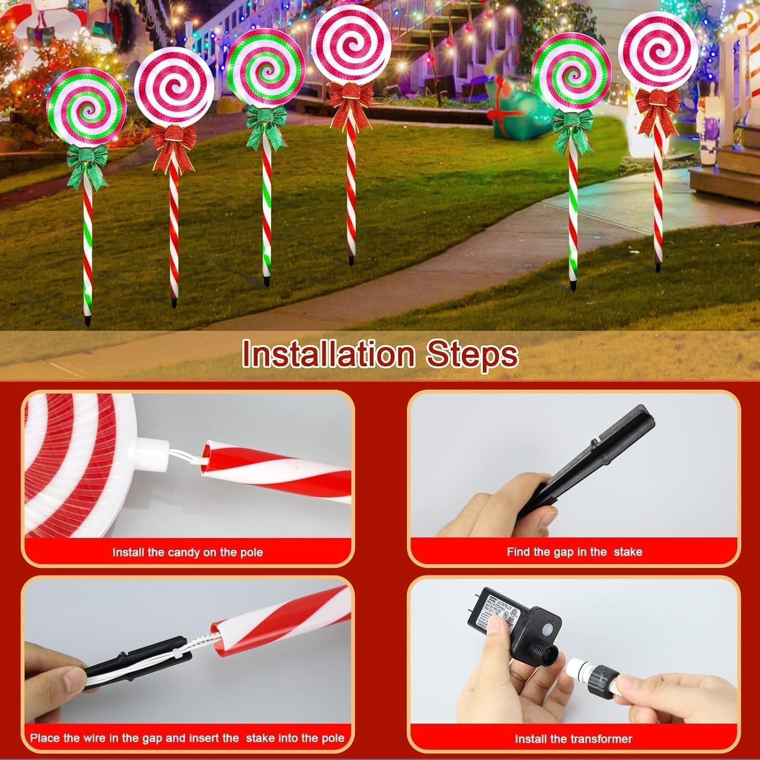 6 Pcs Christmas Pathway Lights Outdoor Decorations, 28 Inch Lollipop Walkway Stake 8 Lighting Modes Flickering Candy Marker Wate