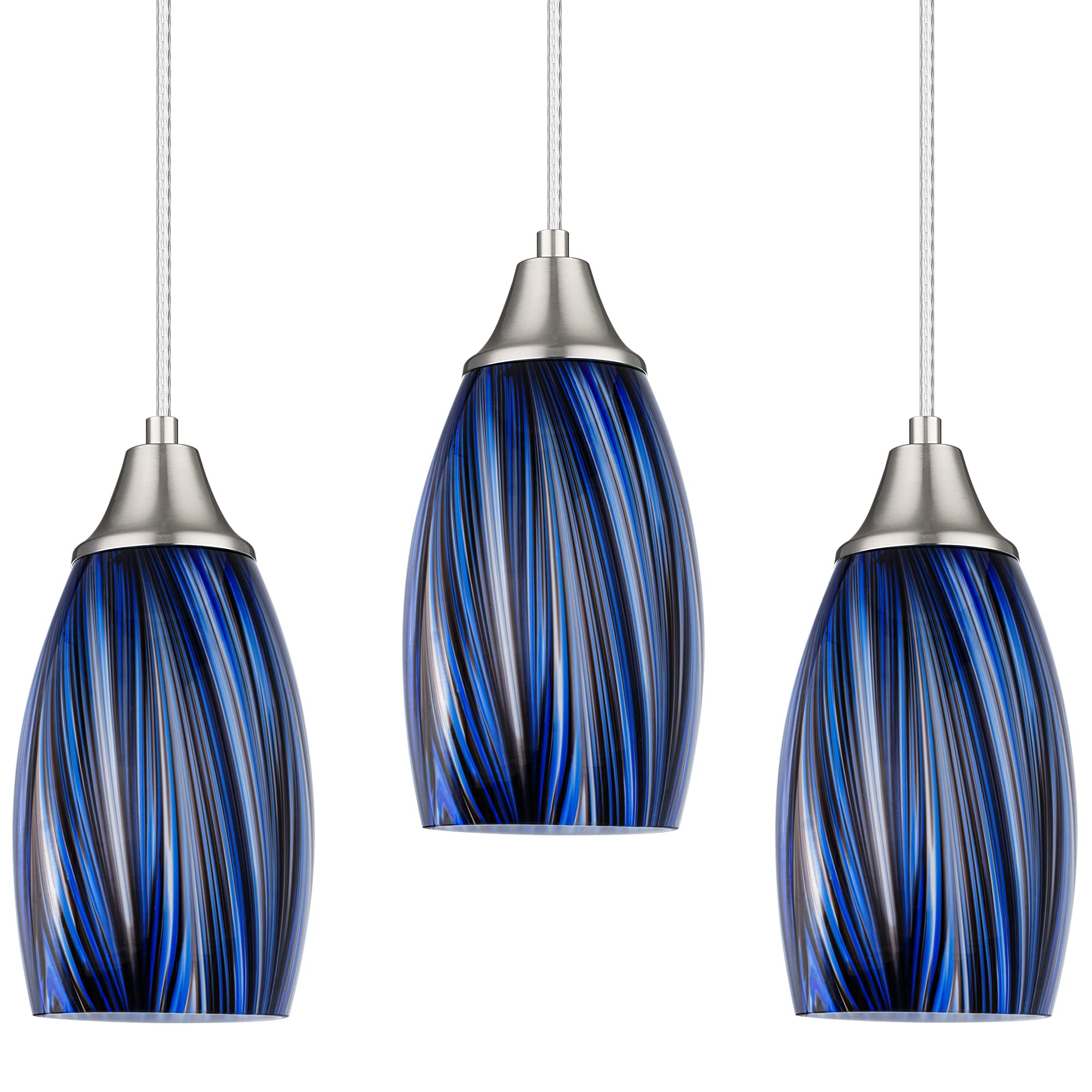 Karyfine Dark Blue Glass Mini Pendant Lights For Kitchen Island 3Pack Blown Art Glass Pendant Lighting Shade Hanging Pendant Lights With Brushed Nickel Finish For Kitchen Over Sink,Dining Room