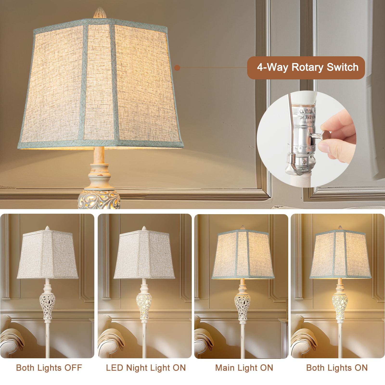 Rustic Floor Lamp 65'' Tall With Nightlight Cut Corner Linen Fabric Shade Vintage Standing Lamp For Living Room, Bedroom, Office