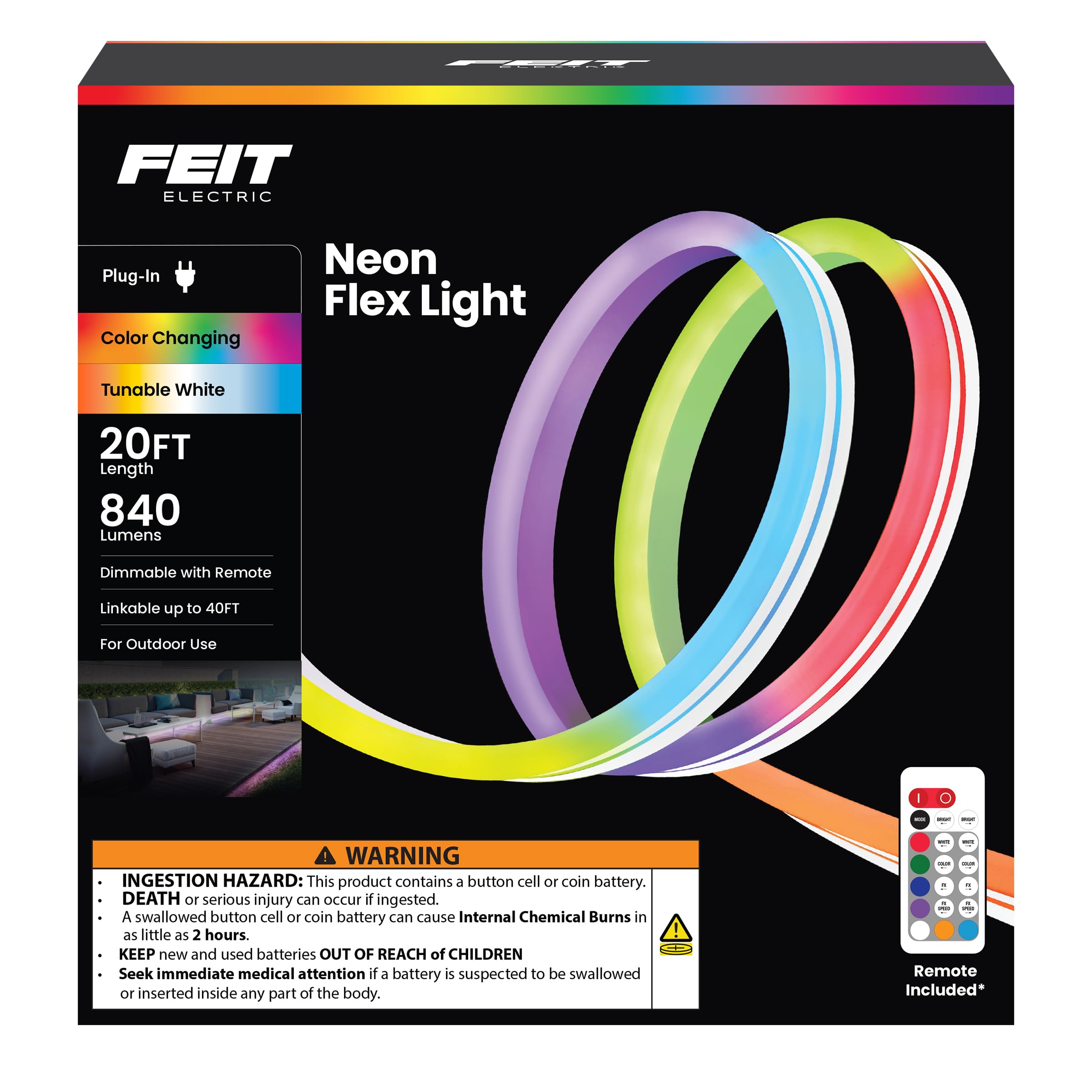 Feit Electric 20ft Outdoor Neon Flex Light, RGB + Tunable White, Dimmable, Model NF20/CHASE