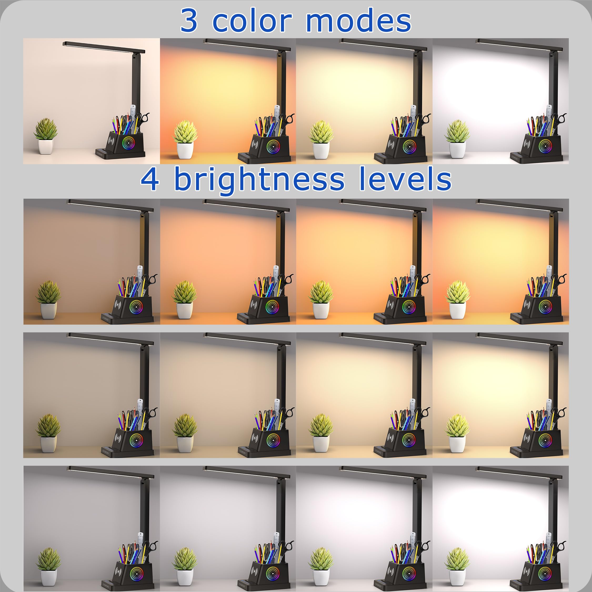 Cozoo Led Desk Lamp With Wireless Charger, Pen Holder, Color Changing Nightlight, 12 Modes, Black