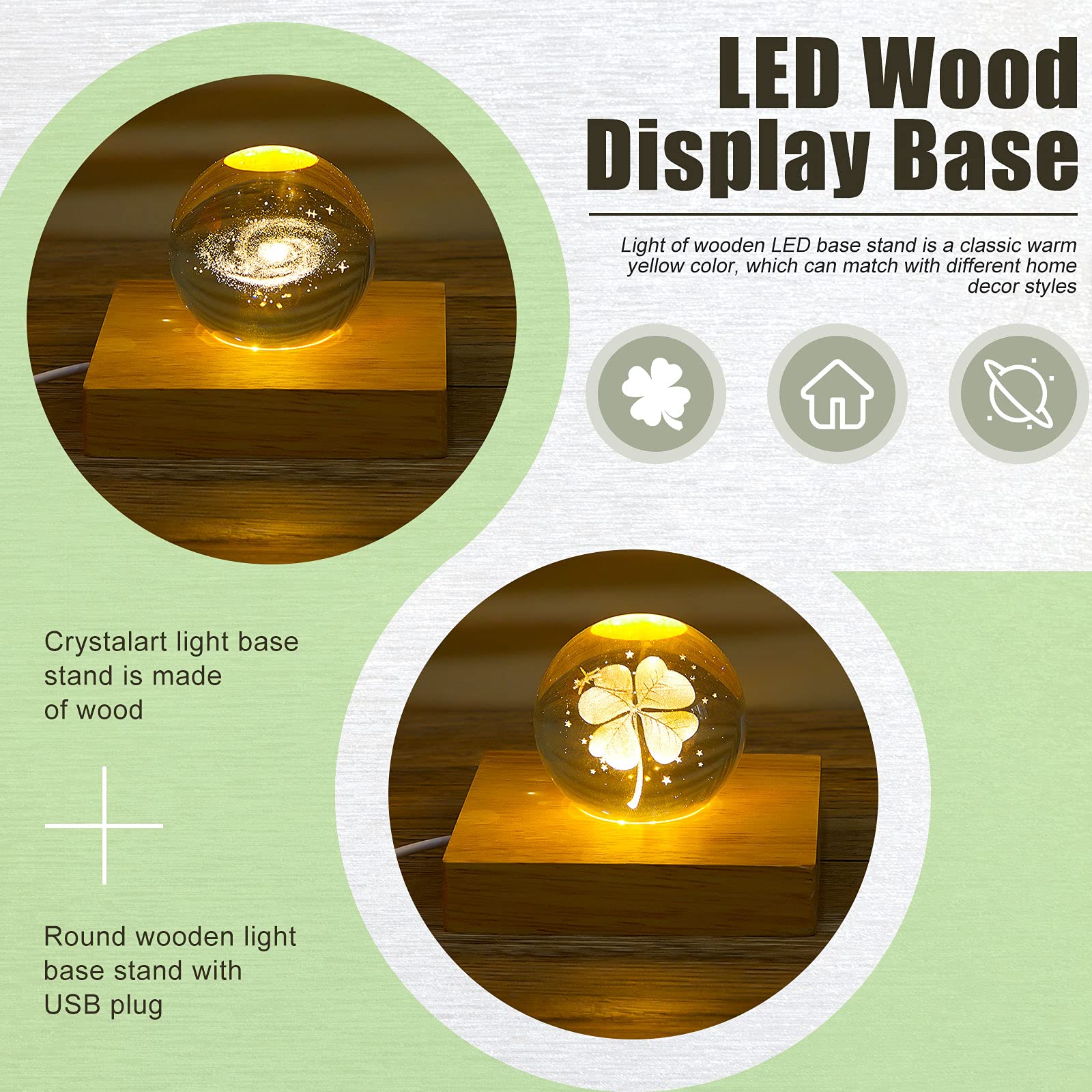 Honoson 2 Pcs Led Base Wood Light Display Base For Crystal Glass Art Resin Light Display Stand With 6 Led Wooden Crystal Resin L