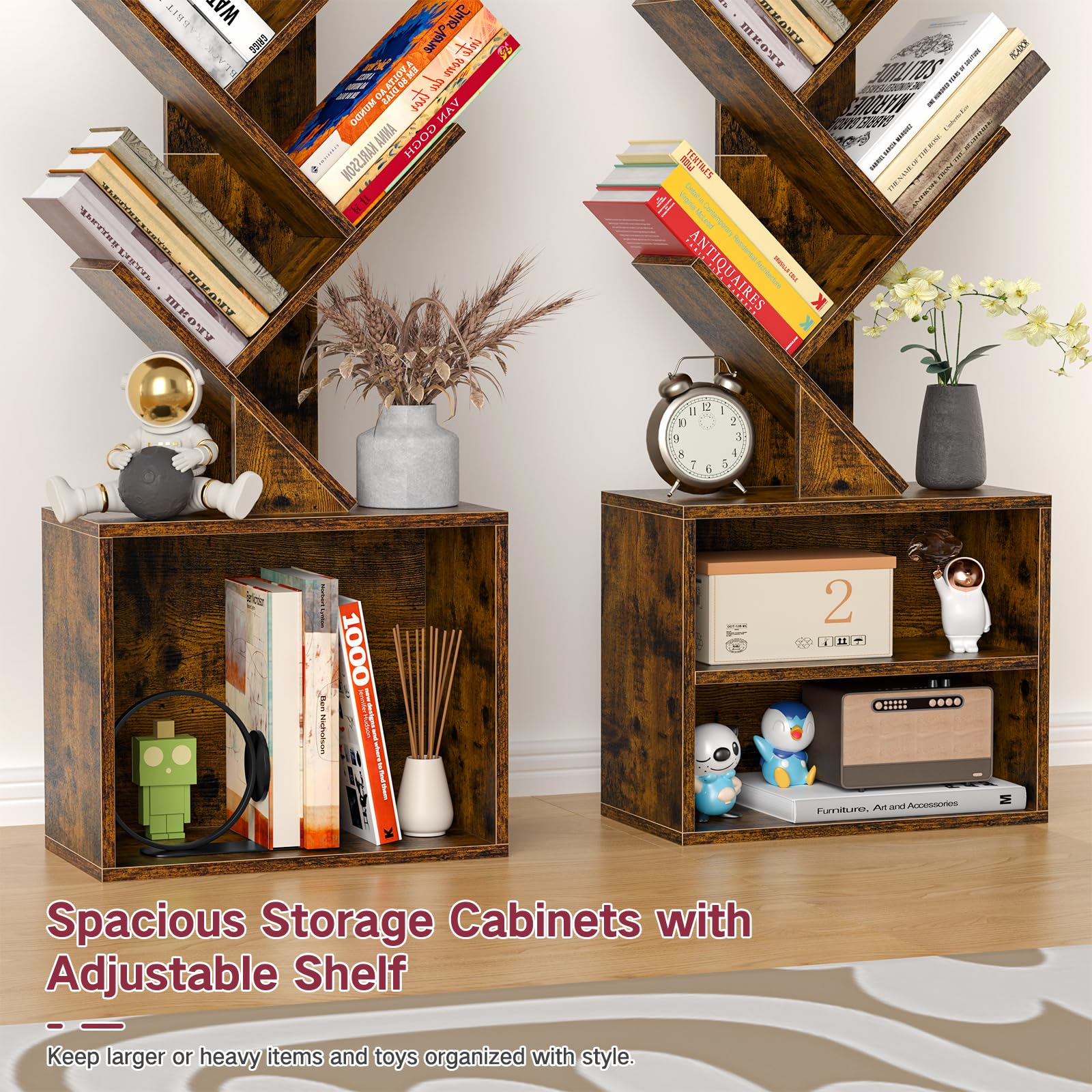 OUTONLIFE 9 Tier Tree Bookshelf with Light, Dimmable, 62.8"H x 14.6"L x 7.9"W, Rustic Brown, Model YME