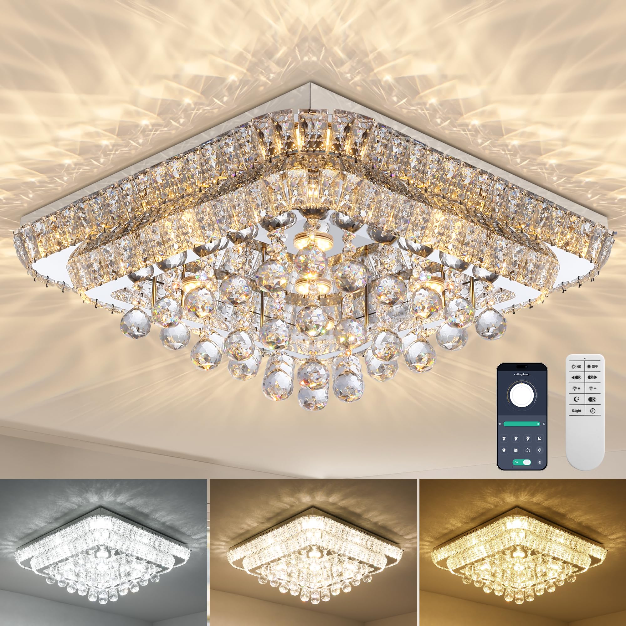 24 Crystal Ceiling-Light Flush Mount with Remote and APP, 3 Colors Temp & Brightness Adjustable, Modern Crystal Raindrop Chandel