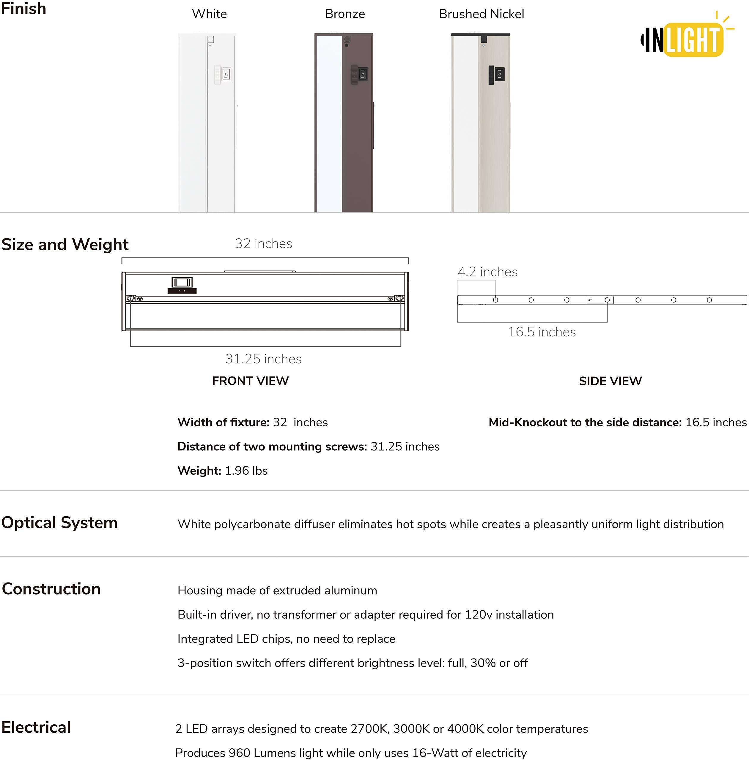 GETINLIGHT LED Under Cabinet Lighting, 32-inch, Dimmable 3 Color Levels, Bronze Finish, Model IN-0210-4-BZ