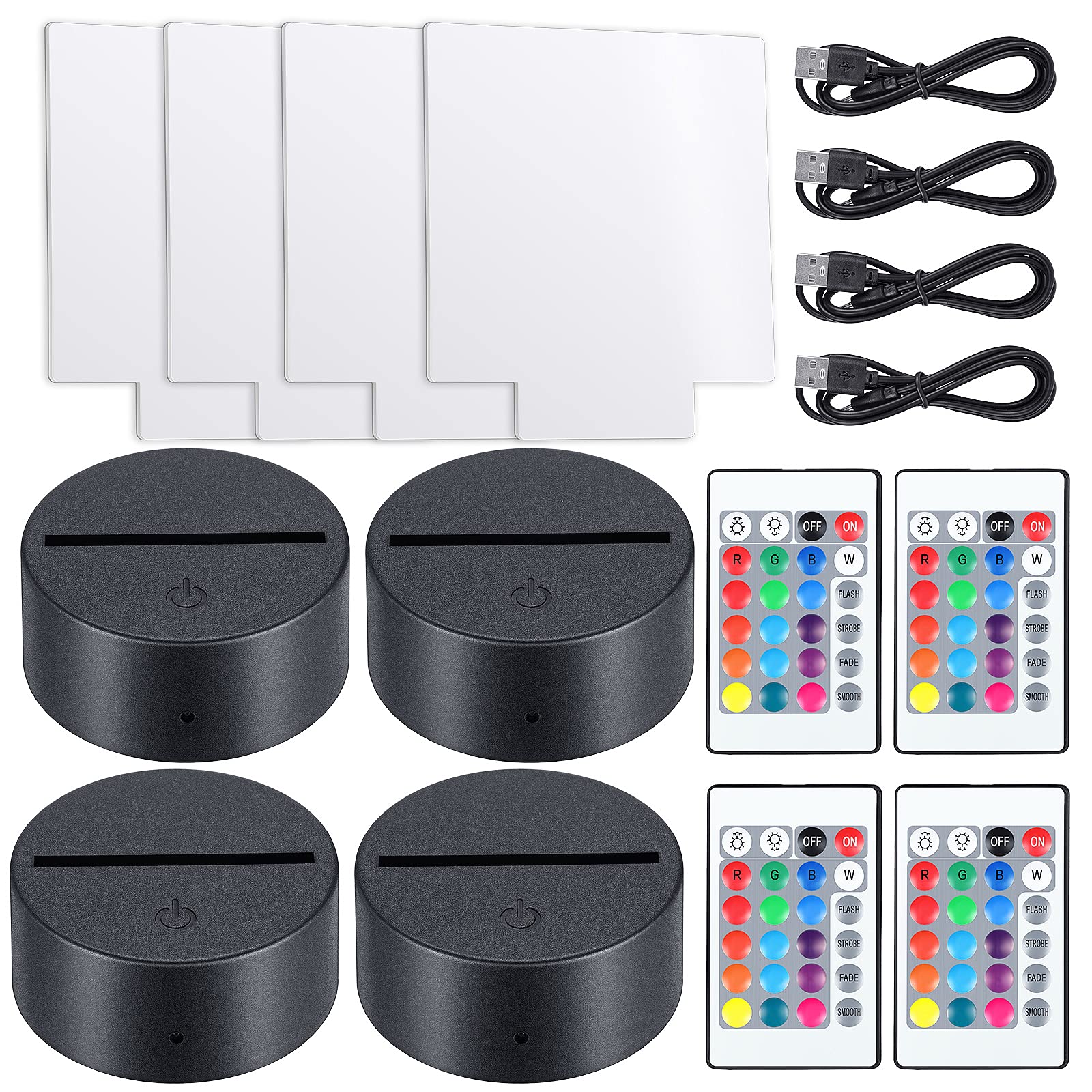 Honoson 3D Night Light LED Lamp Set - 4 Acrylic Sheets, 4 Remotes, 4 Charging Cables, 16 Colors, Adjustable Modes, Square Style