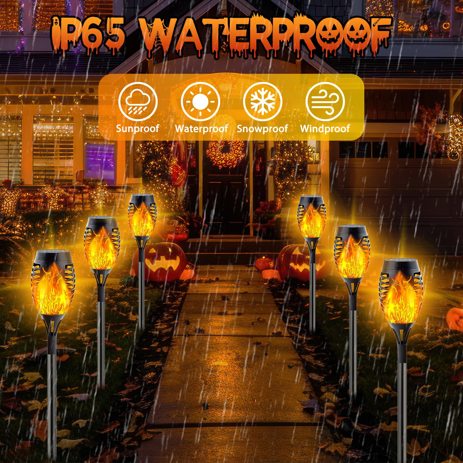 SANJICHA Solar Lights Outdoor, 10 Pack Mini Flickering Flame, Waterproof Plastic, Orange for Halloween Decor, Garden Pathway, Patio