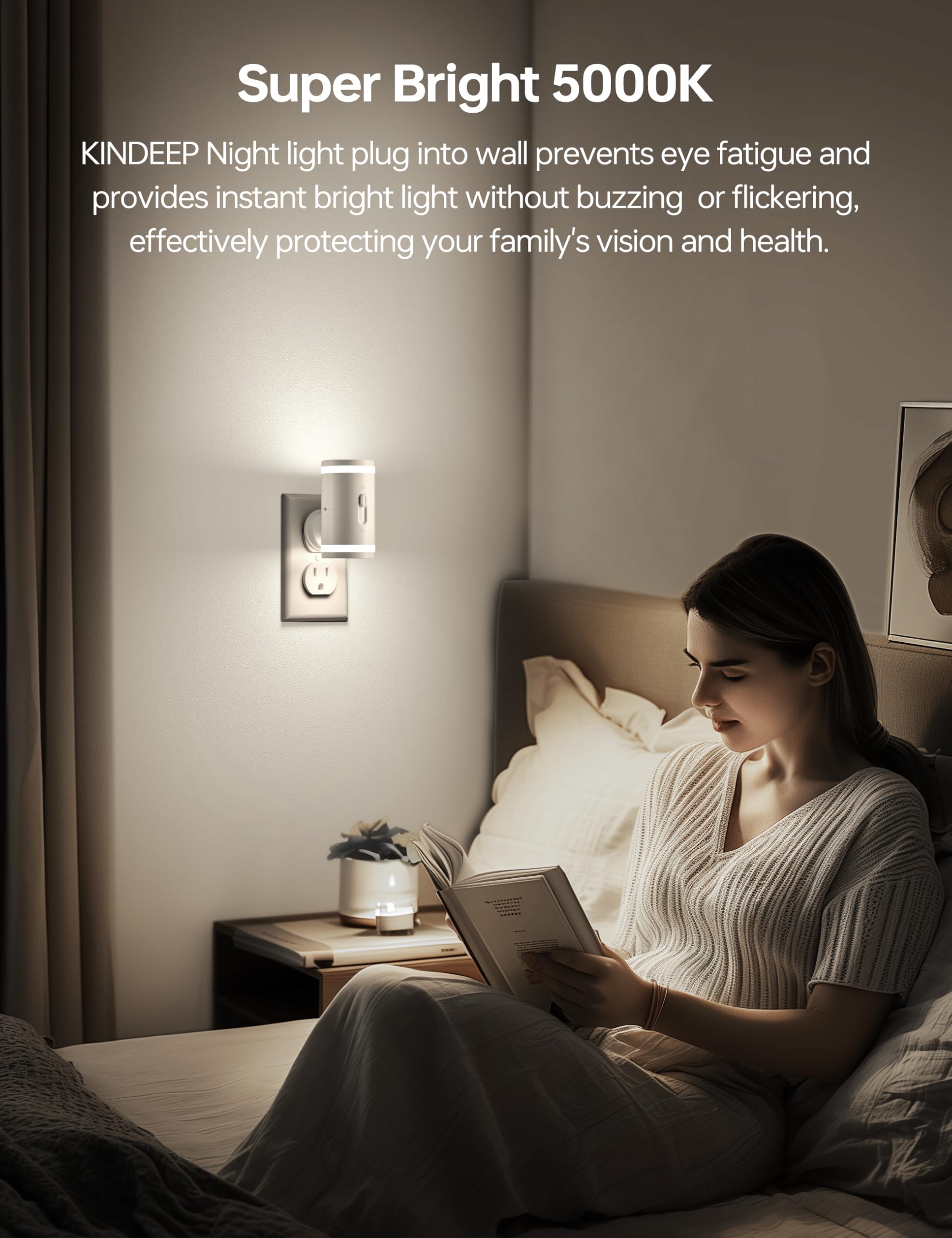 KINDEEP Night Light Plug-in with Dusk to Dawn Sensor, 5000K Daylight White, 5-120LM Adjustable Brightness, 2 Pack